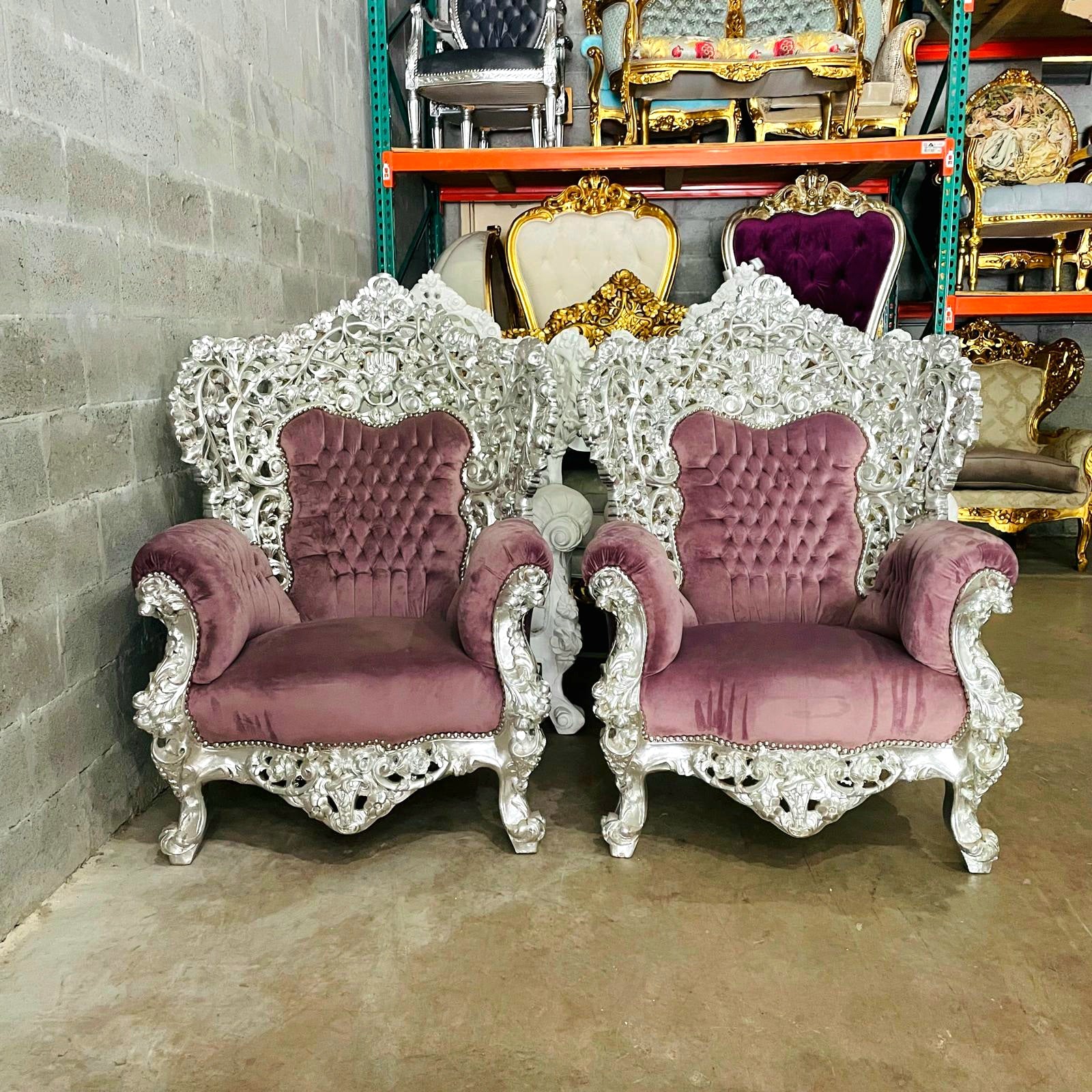 Rococo Style Throne Chair – Purple Mauve Velvet with Silver Leaf Hand-Carved Frame
