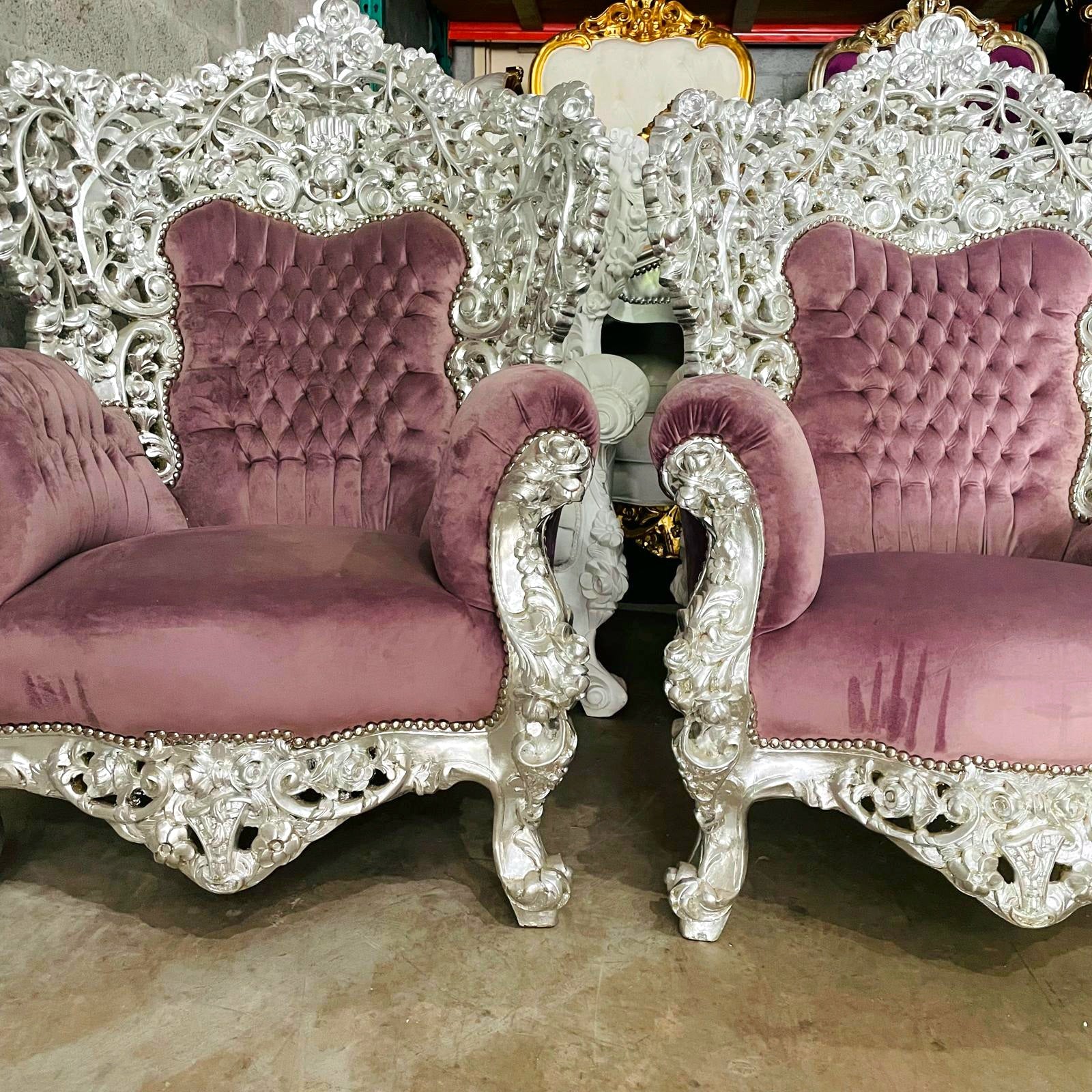 Rococo Style Throne Chair – Purple Mauve Velvet with Silver Leaf Hand-Carved Frame