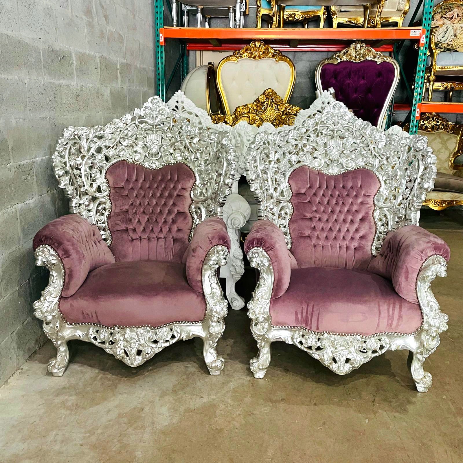Rococo Style Throne Chair – Purple Mauve Velvet with Silver Leaf Hand-Carved Frame