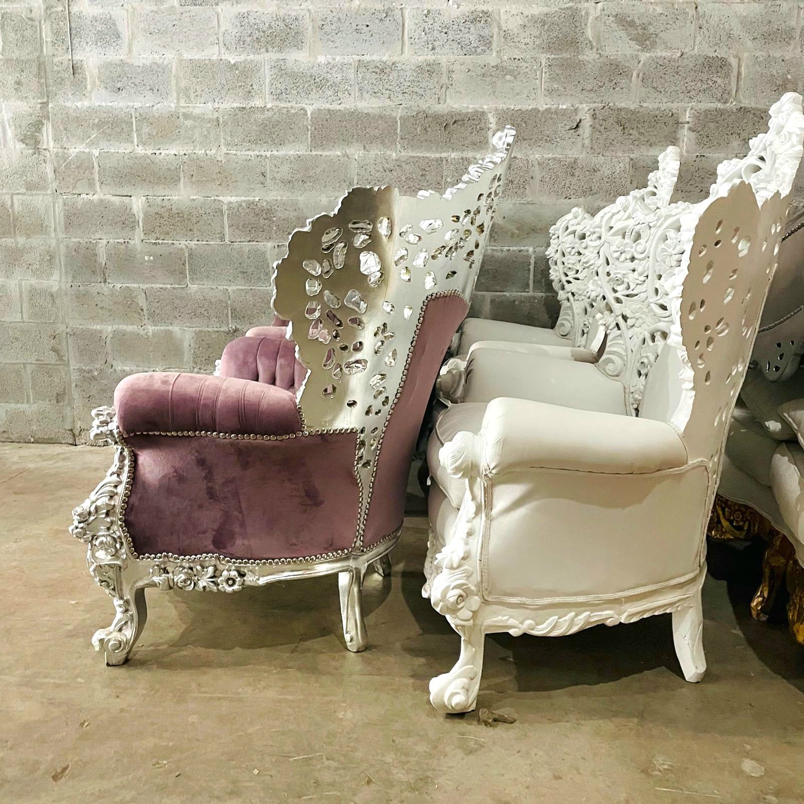 Rococo Style Throne Chair – Purple Mauve Velvet with Silver Leaf Hand-Carved Frame
