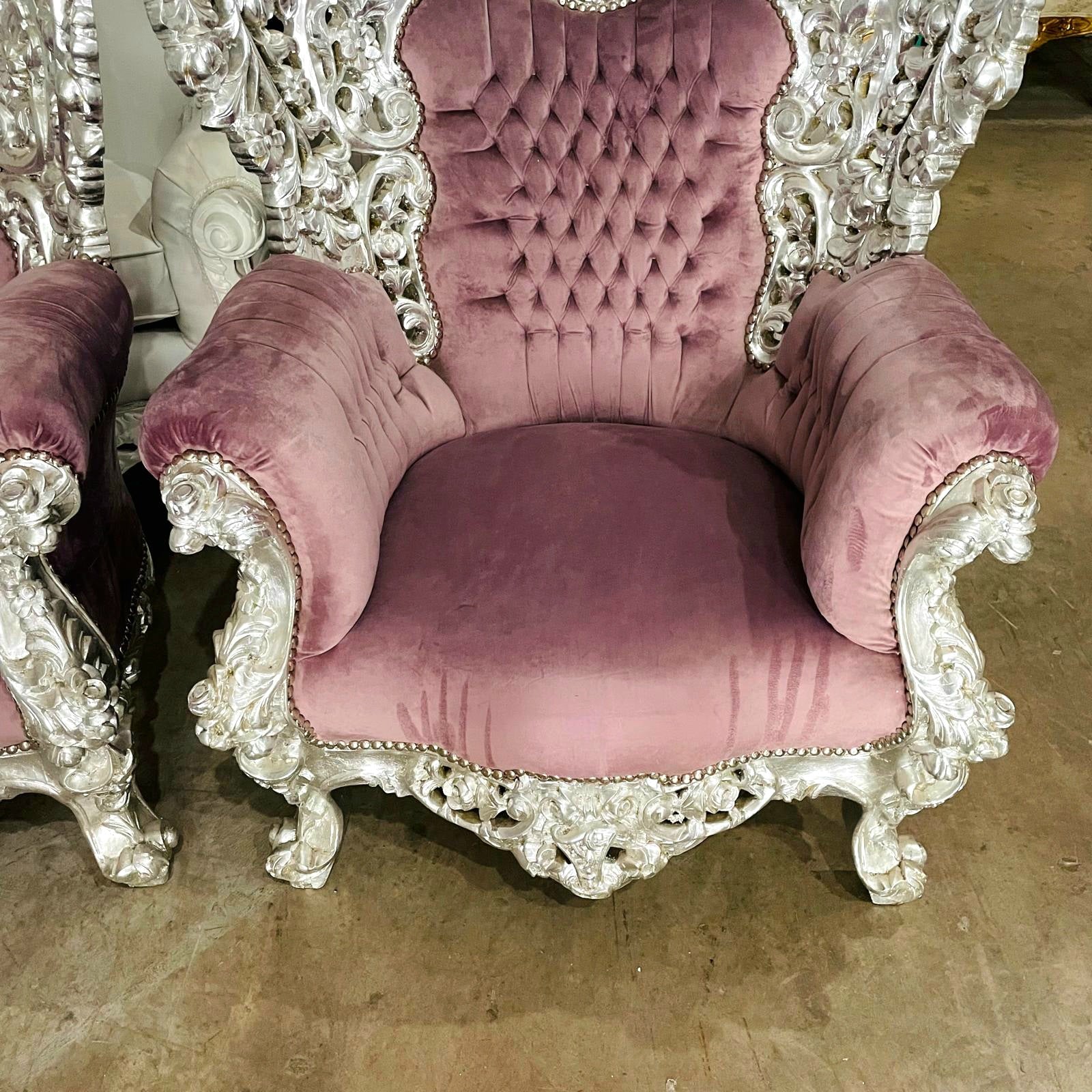 Rococo Style Throne Chair – Purple Mauve Velvet with Silver Leaf Hand-Carved Frame