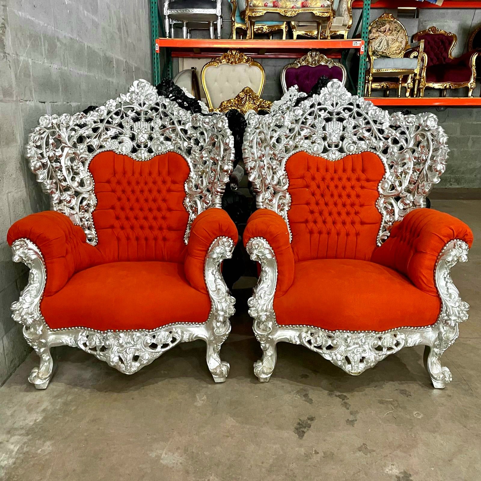Rococo Style Throne Chair – Orange Velvet Upholstery with Silver Leaf Hand-Carved Frame