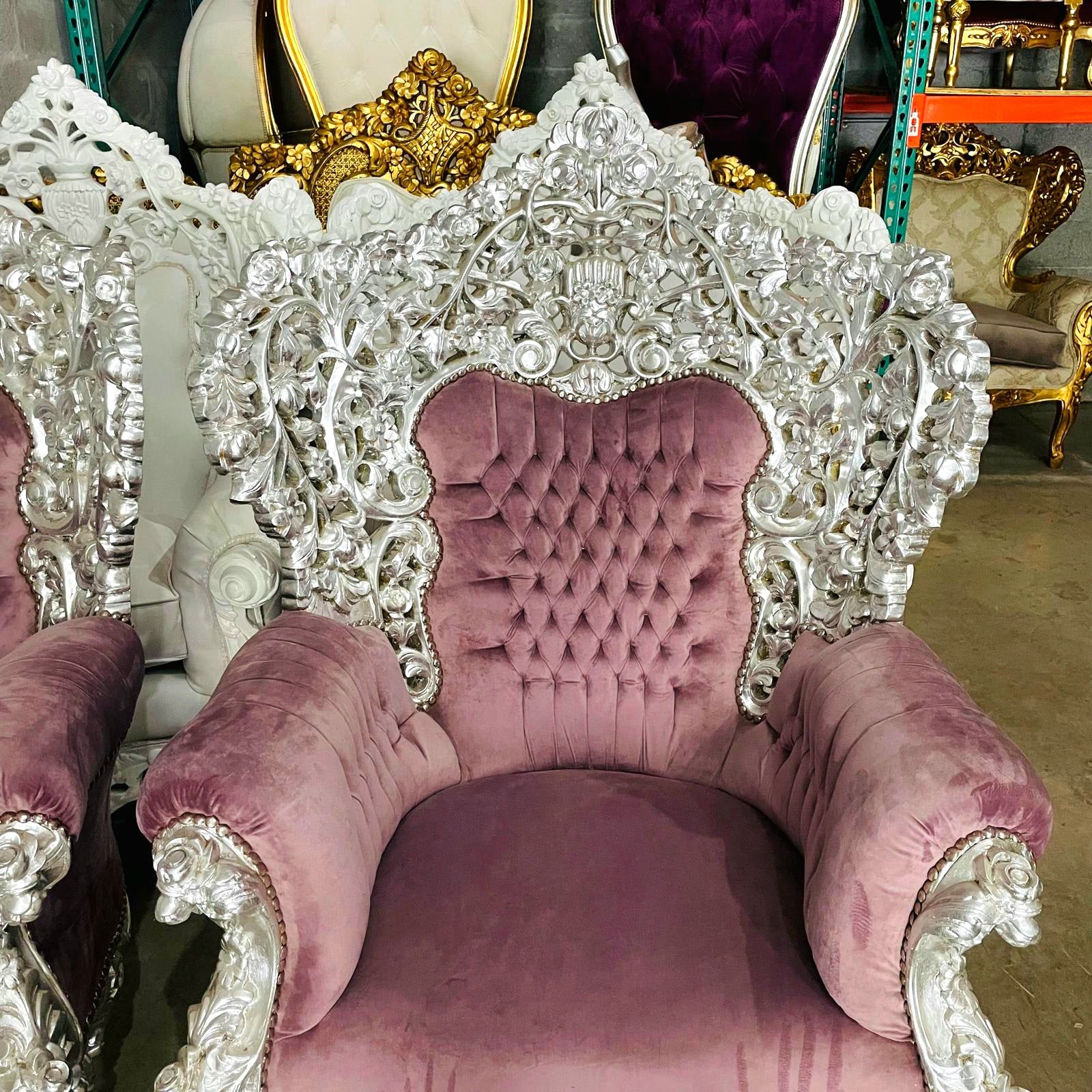 Rococo Style Throne Chair – Purple Mauve Velvet with Silver Leaf Hand-Carved Frame