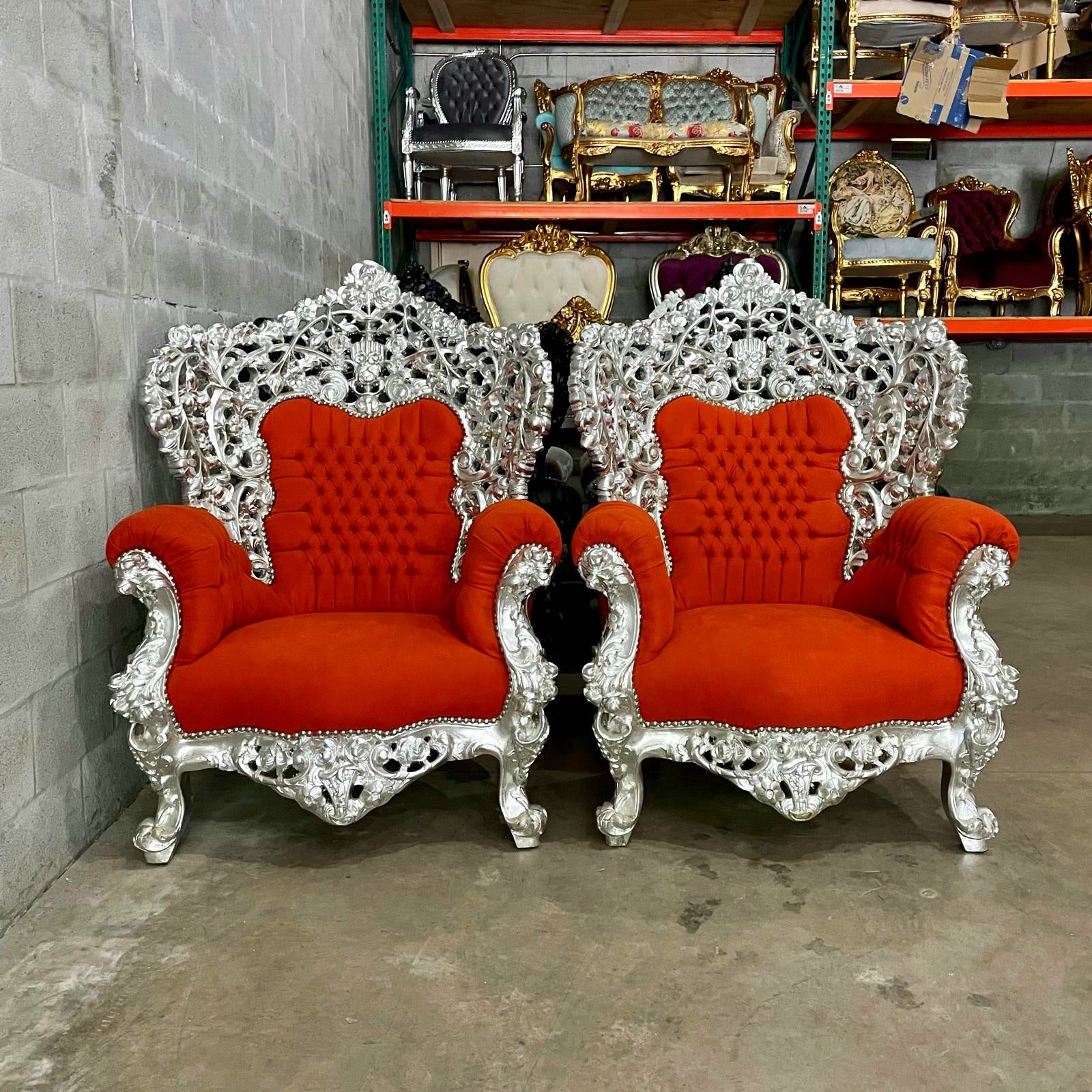 Rococo Style Throne Chair – Orange Velvet Upholstery with Silver Leaf Hand-Carved Frame