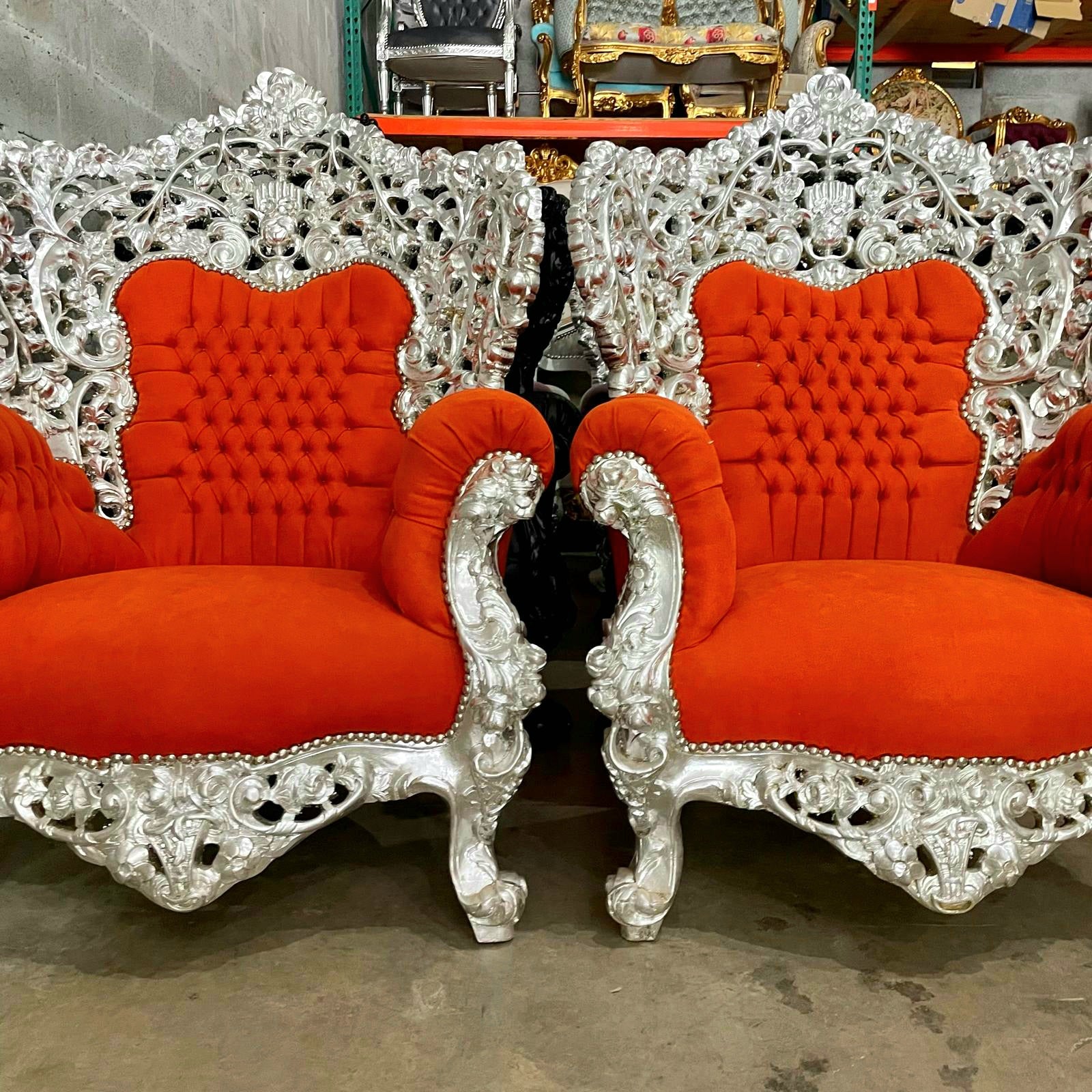 Rococo Style Throne Chair – Orange Velvet Upholstery with Silver Leaf Hand-Carved Frame
