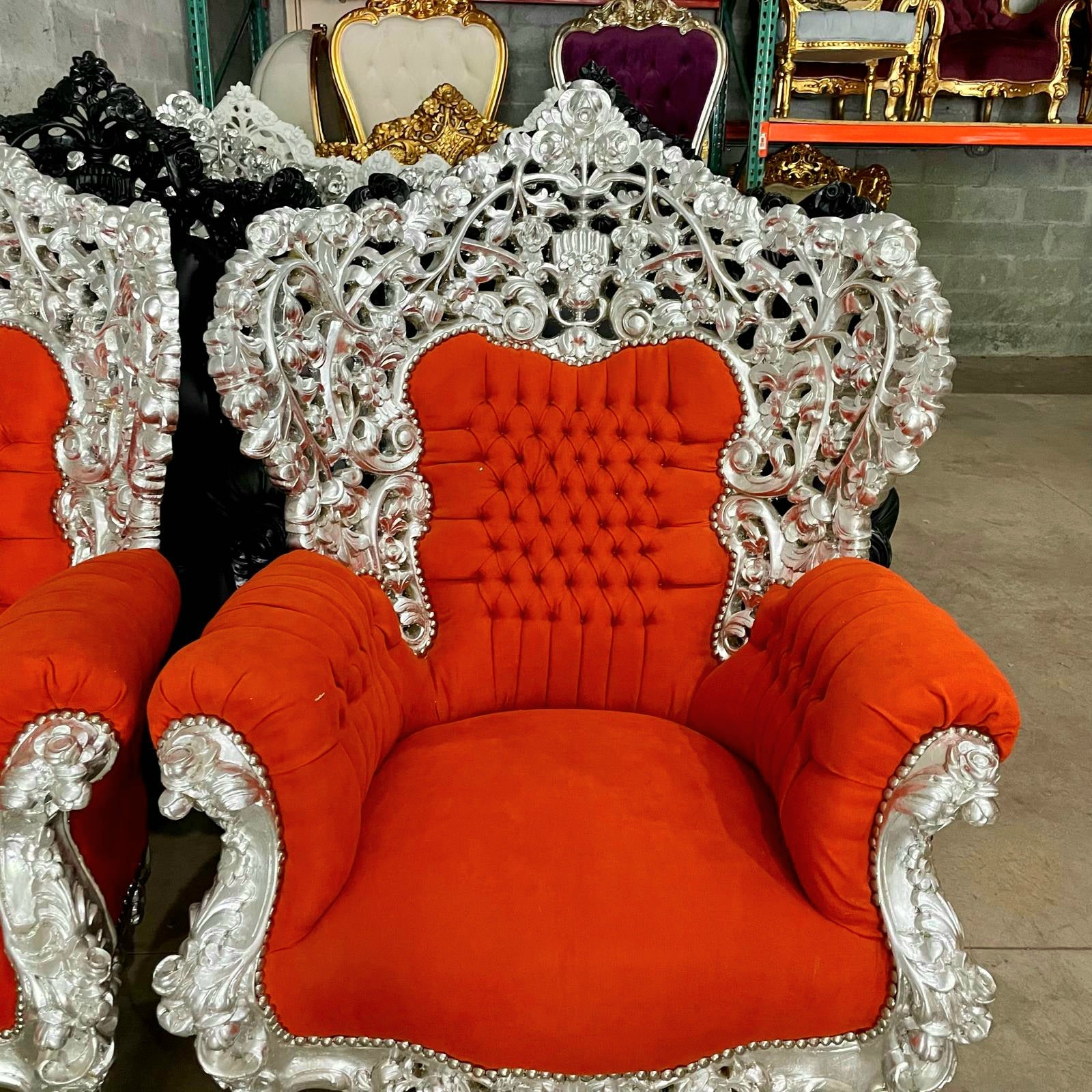 Rococo Style Throne Chair – Orange Velvet Upholstery with Silver Leaf Hand-Carved Frame