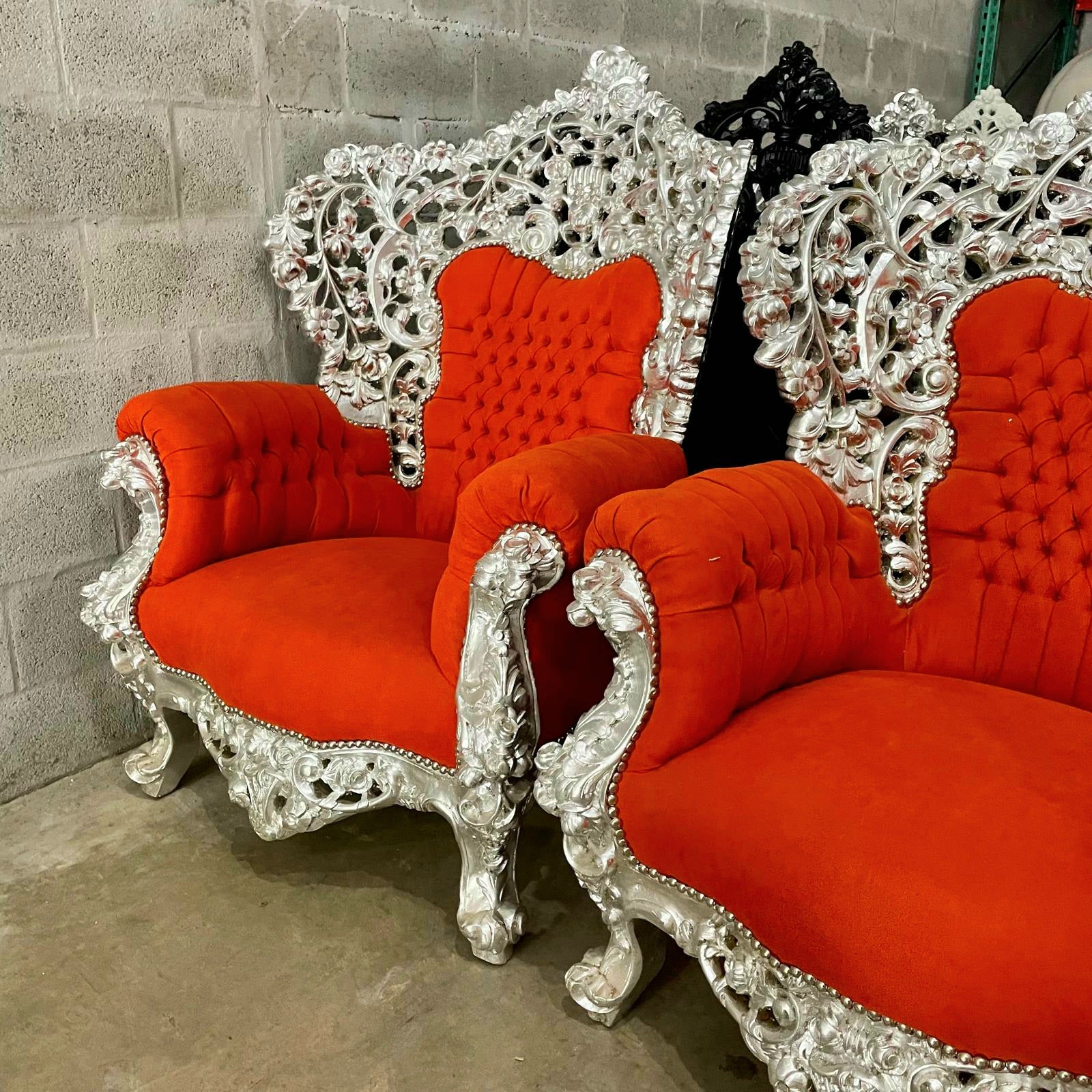 Rococo Style Throne Chair – Orange Velvet Upholstery with Silver Leaf Hand-Carved Frame