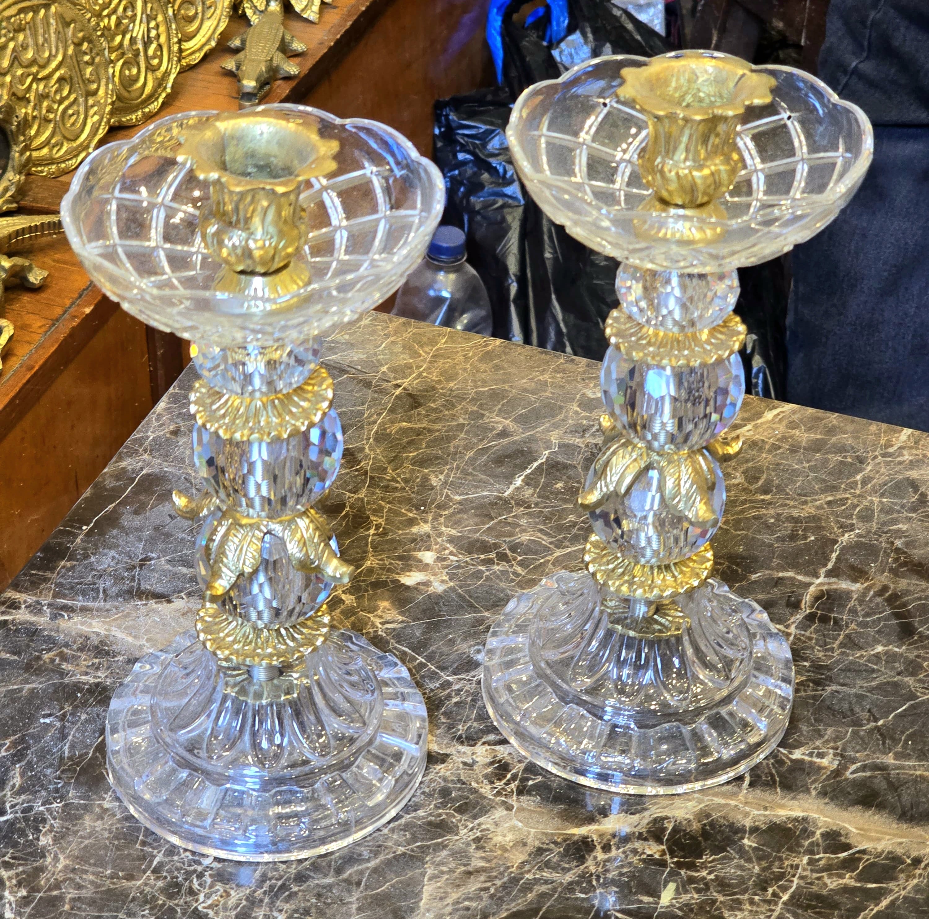 Elegant Brass Base Crystal Candlestick Holder