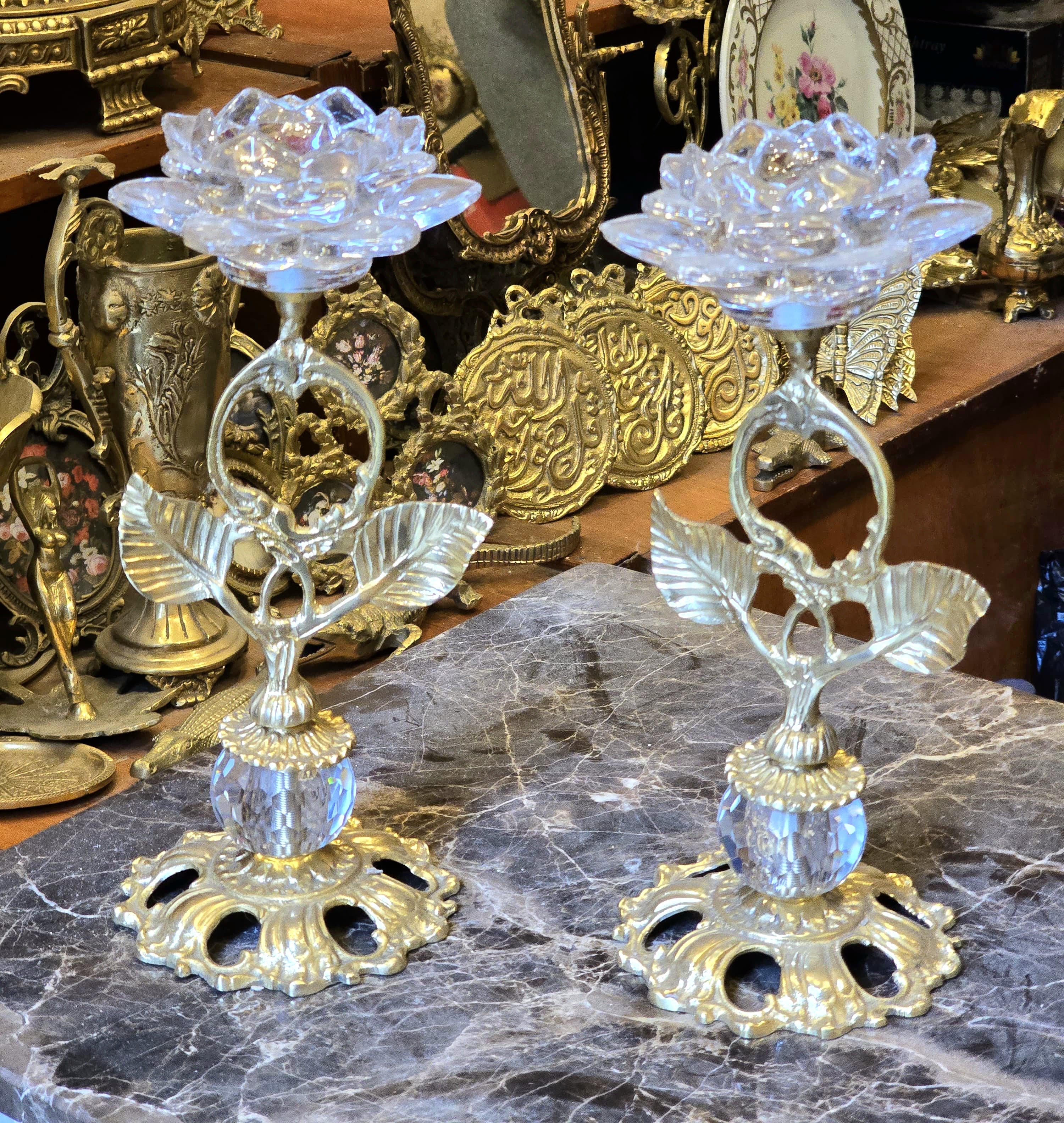 Classic European-Style Brass and Crystal Candlestick Holder