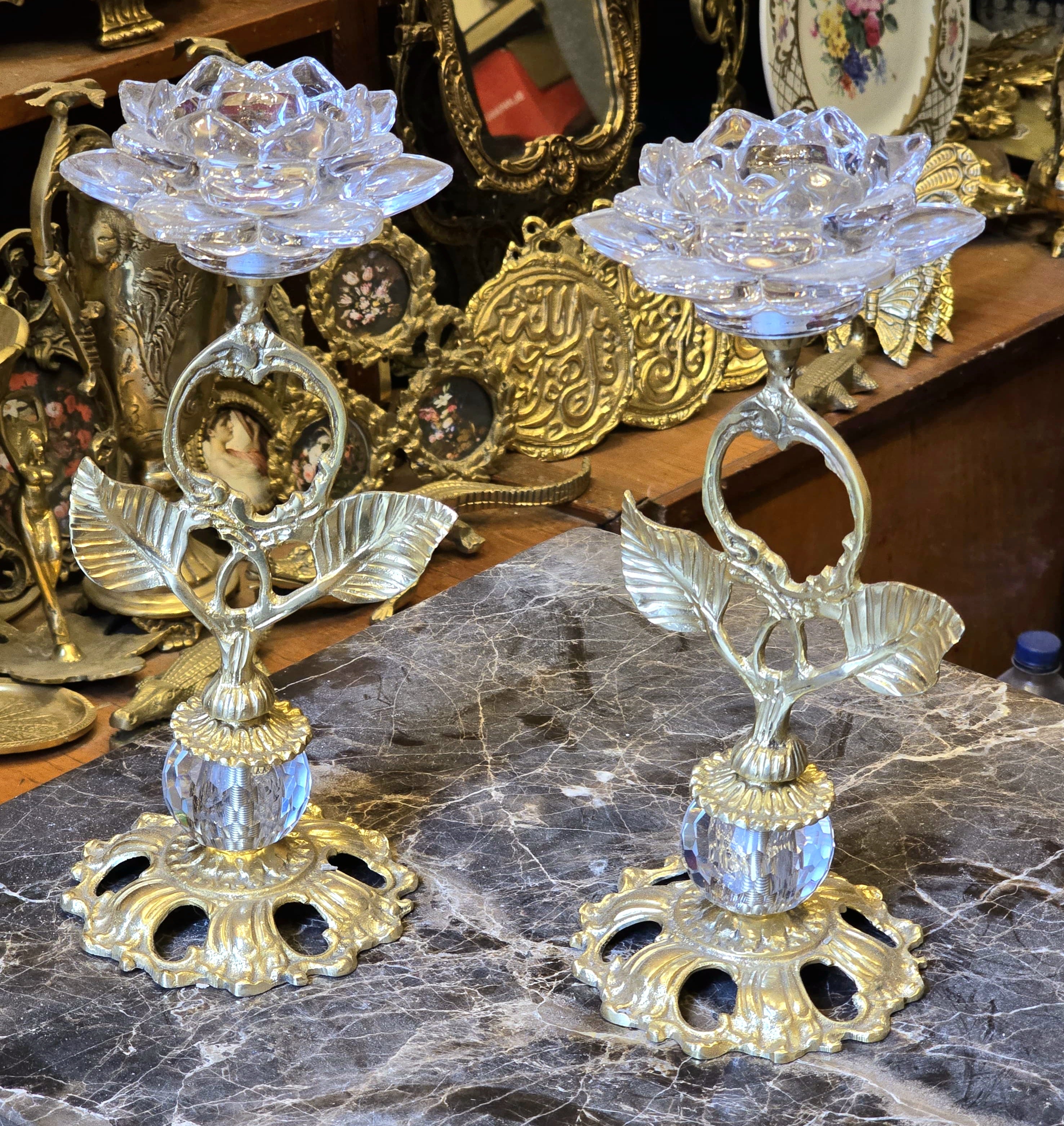 Classic European-Style Brass and Crystal Candlestick Holder