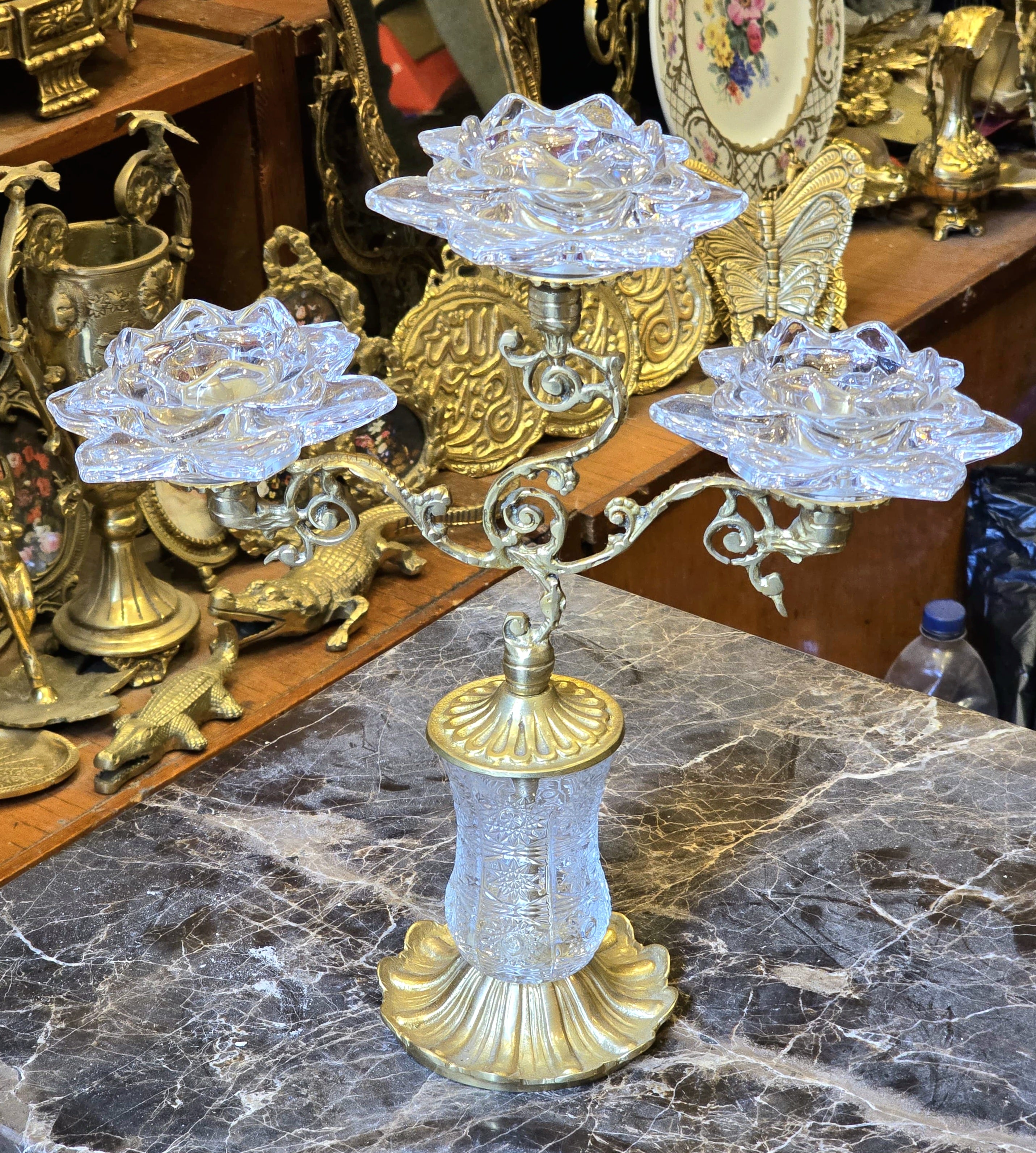 Ornate Brass & Crystal Three-Candle Decorative Holder – Elegant Table Accent