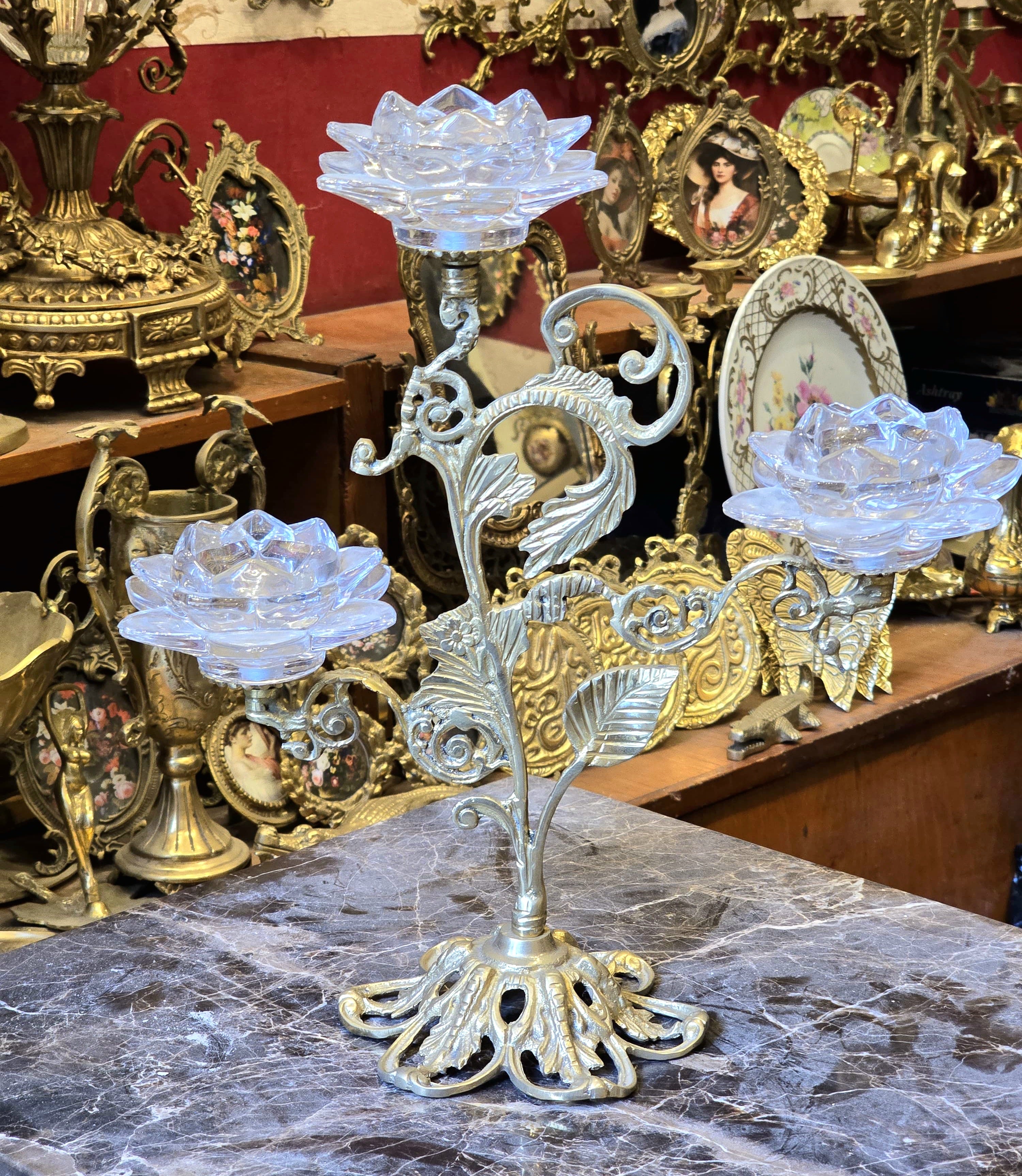 Luxury Brass & Crystal Triple-Candle Decorative Table Accent