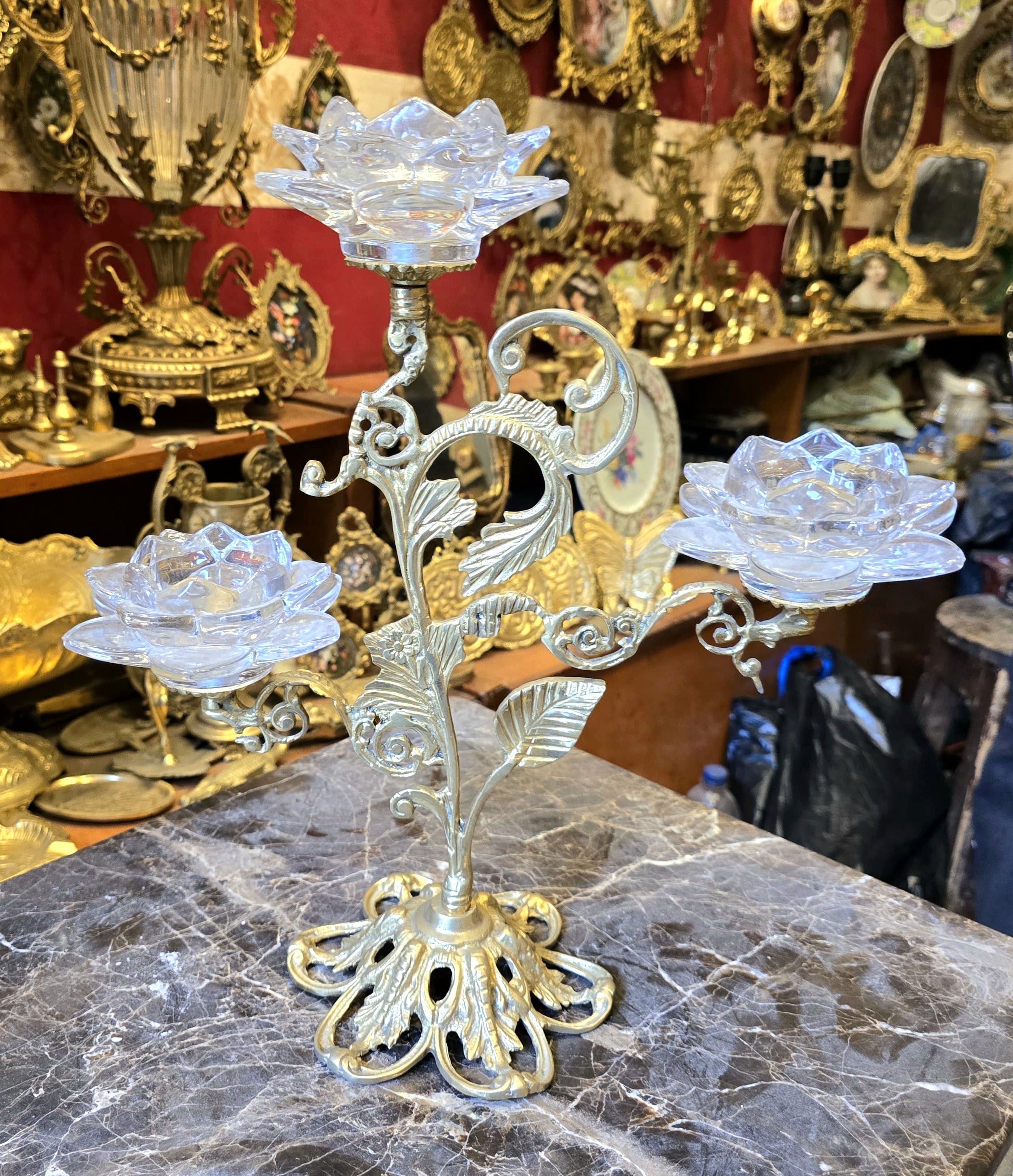 Luxury Brass & Crystal Triple-Candle Decorative Table Accent