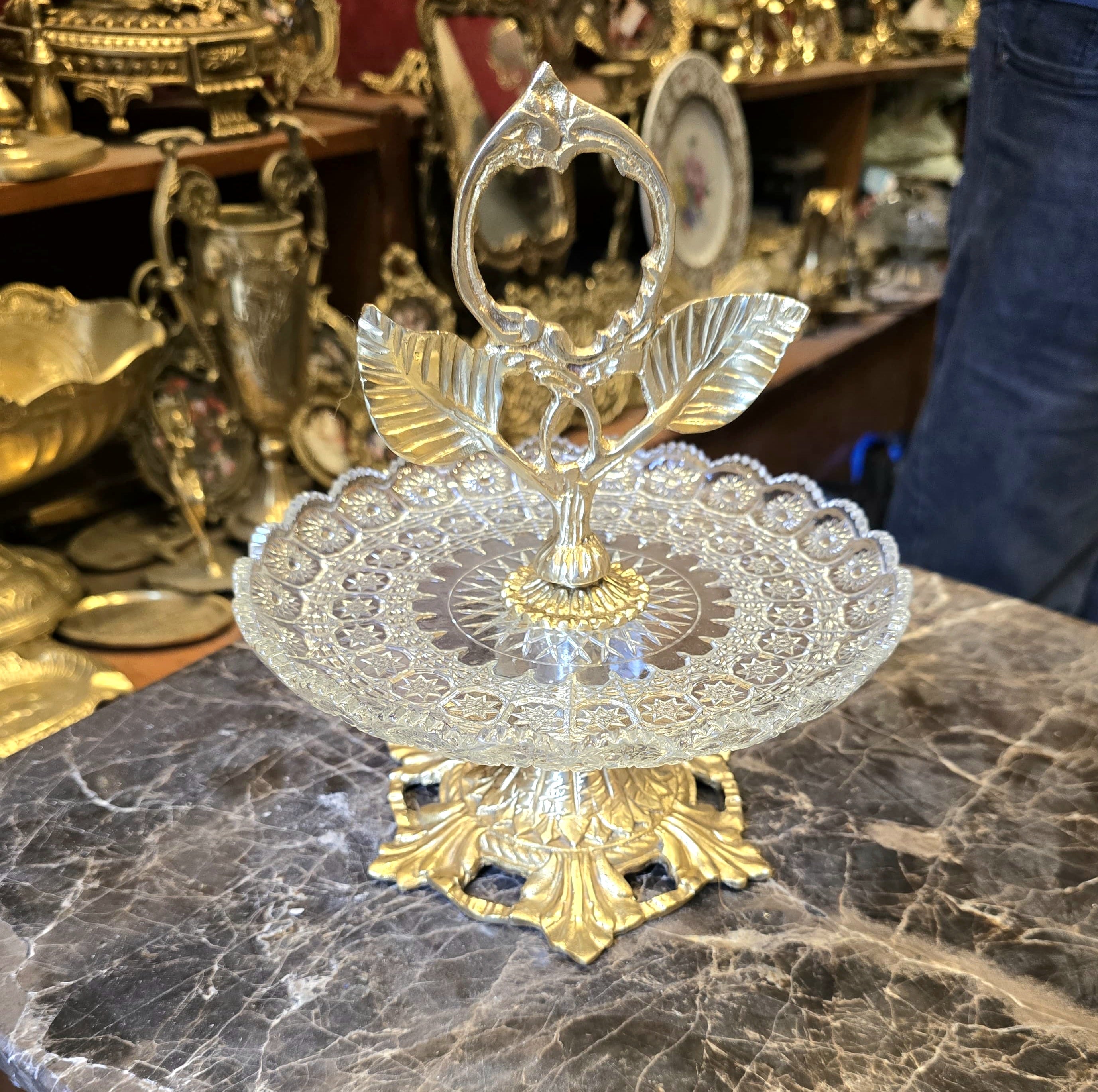 Luxury Brass & Crystal Pedestal Serving Stand – Elegant Entertaining Accent