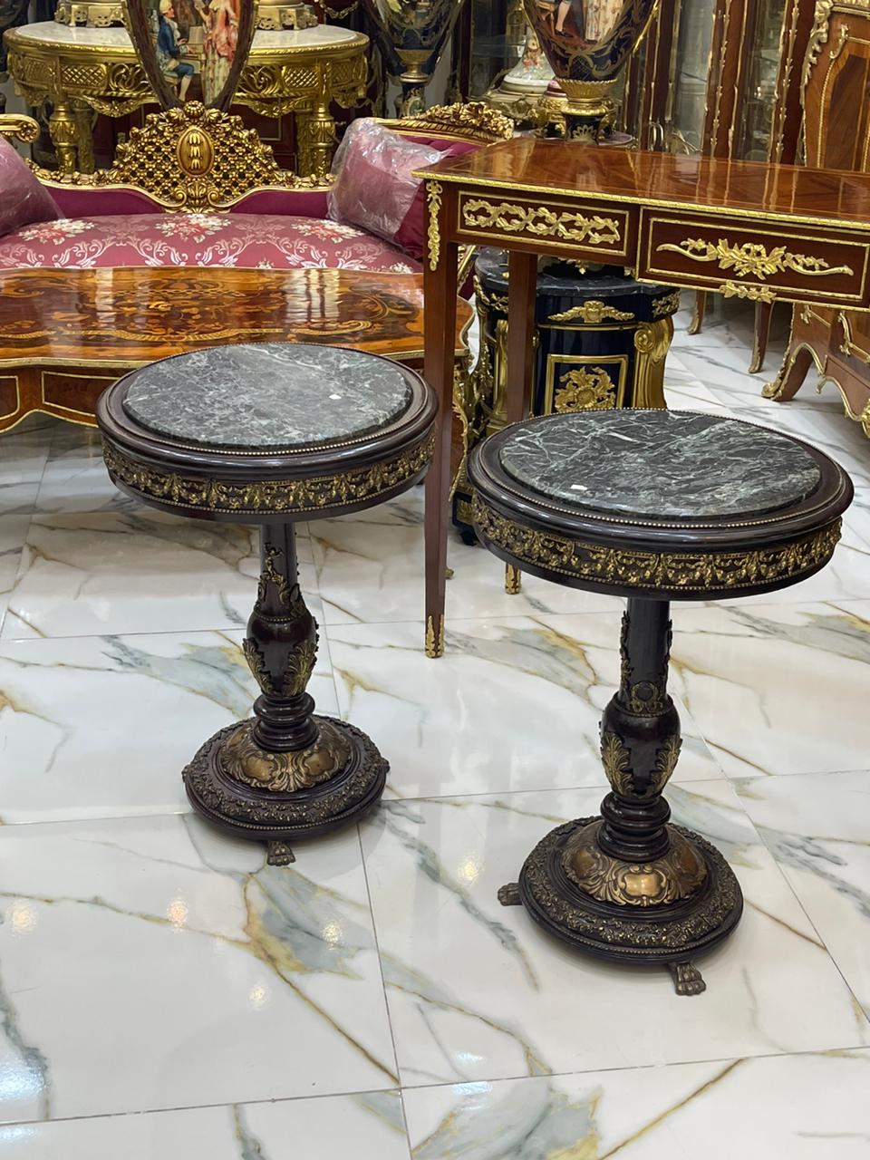 Set of 2 French-Style Round Side Tables – Marble Tops with Hand-Carved Gilded Wood Frames