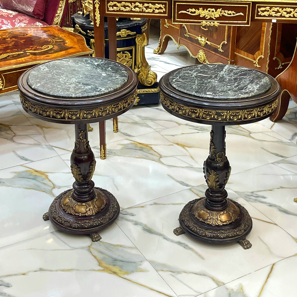 Set of 2 French-Style Round Side Tables – Marble Tops with Hand-Carved Gilded Wood Frames