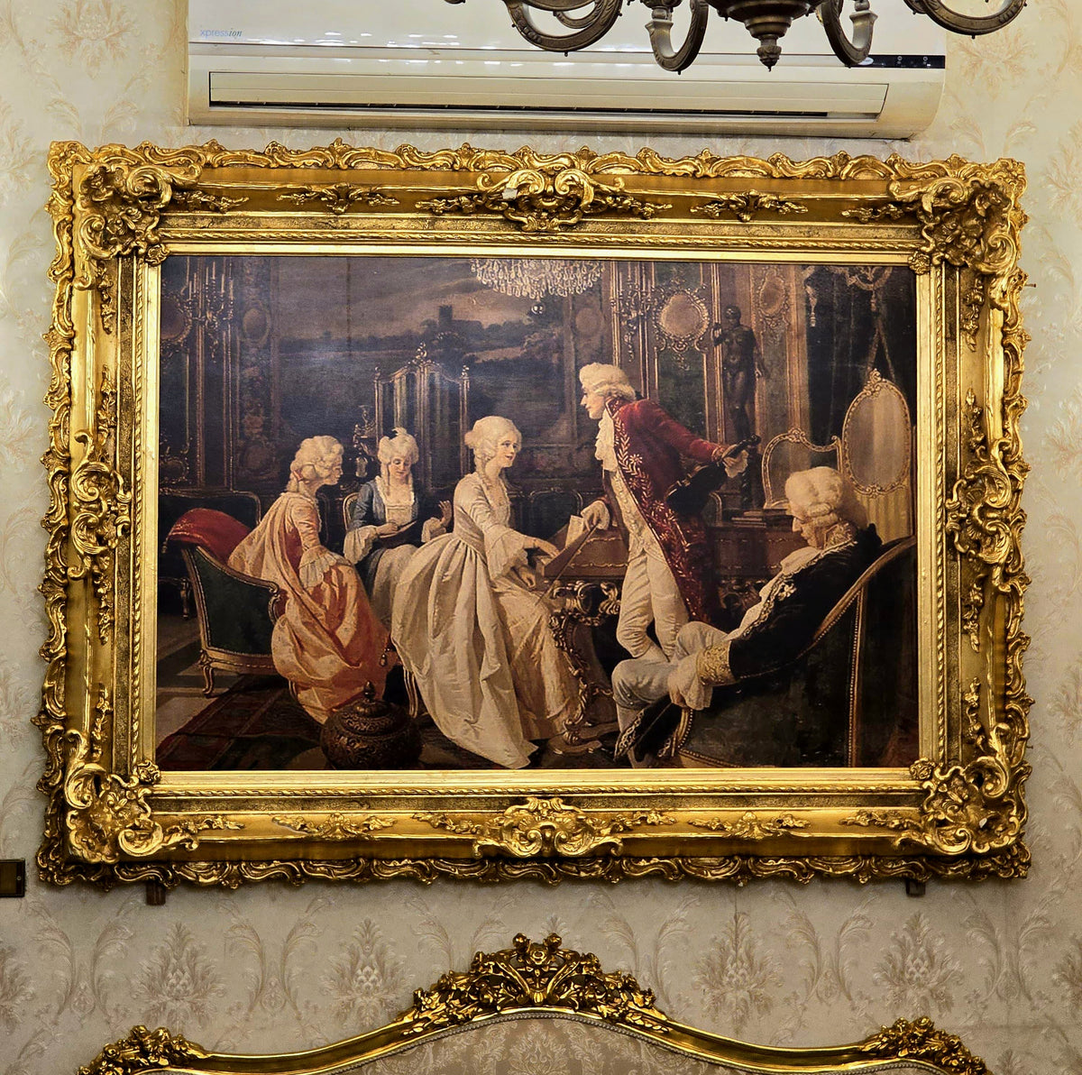 Elegant French Rococo Interior Scene – Classical Figures with Ornate Gilded Frame