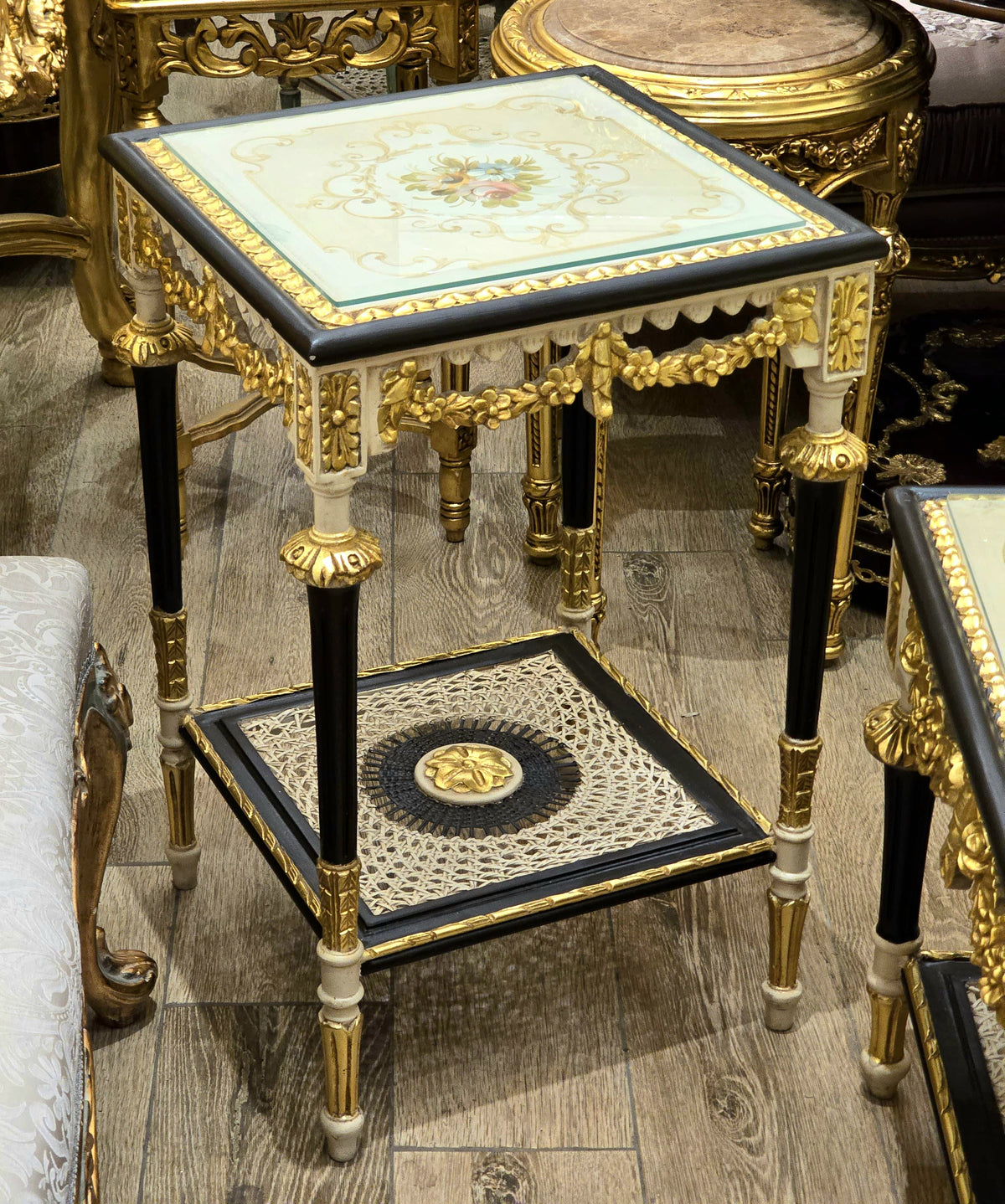 French Louis XVI-Inspired Side Table – Black & White Finish with Gold Leaf Details