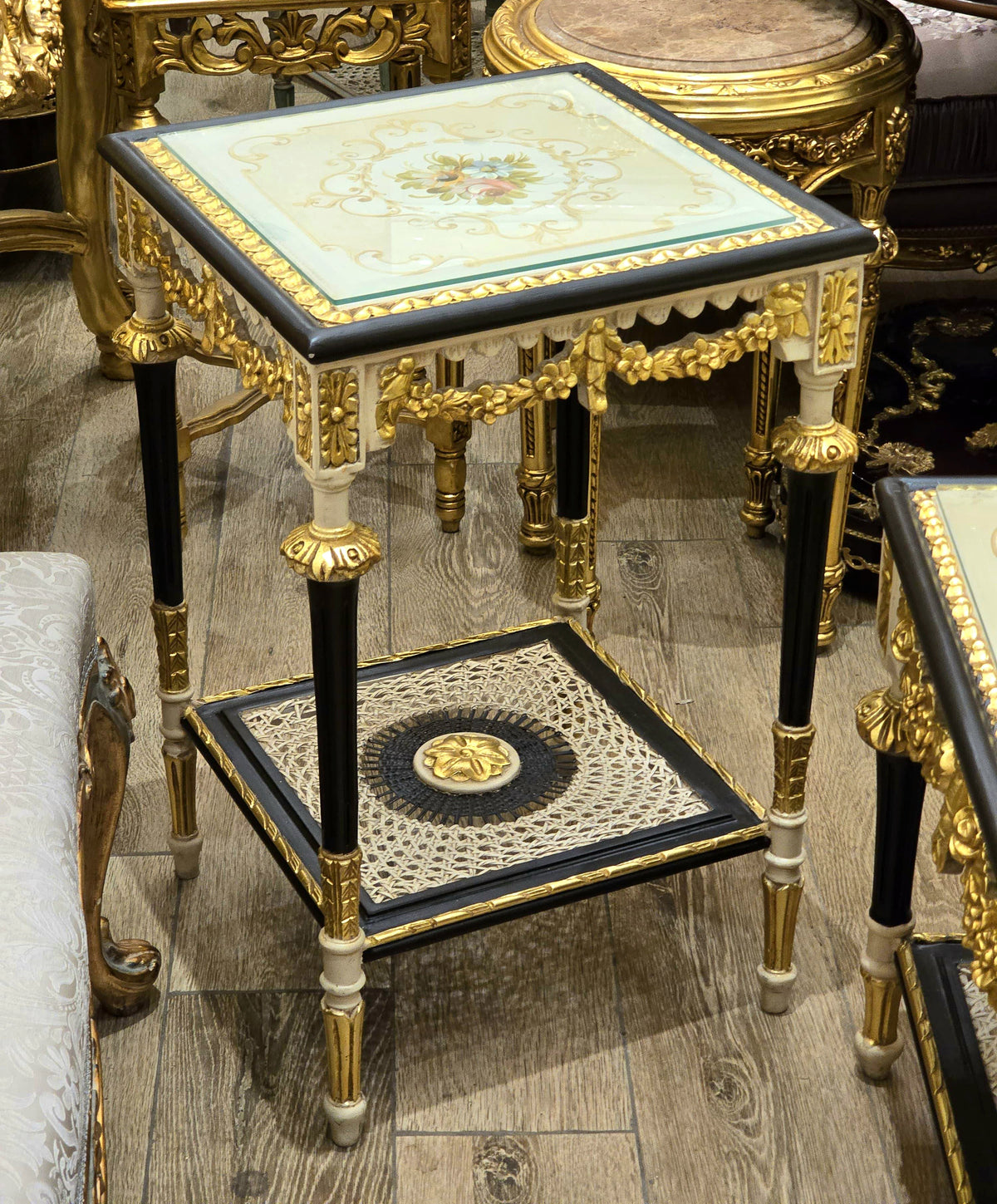 French Louis XVI-Inspired Side Table – Black & White Finish with Gold Leaf Details