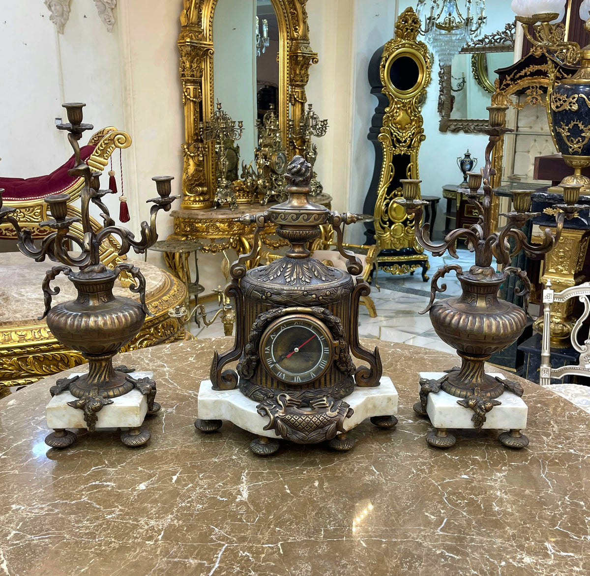 French-Style Bronze Mantel Clock & Candelabra Set – 3-Piece Gilded Decor with White Marble Bases