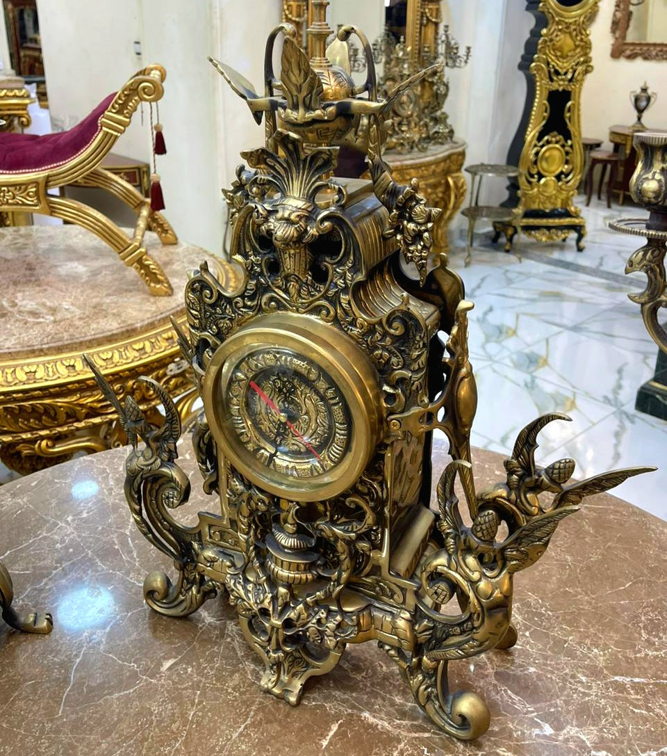 Ornate French-Style Dark Bronze Clock Set – Decorative Mantel Clock & Matching Candelabras