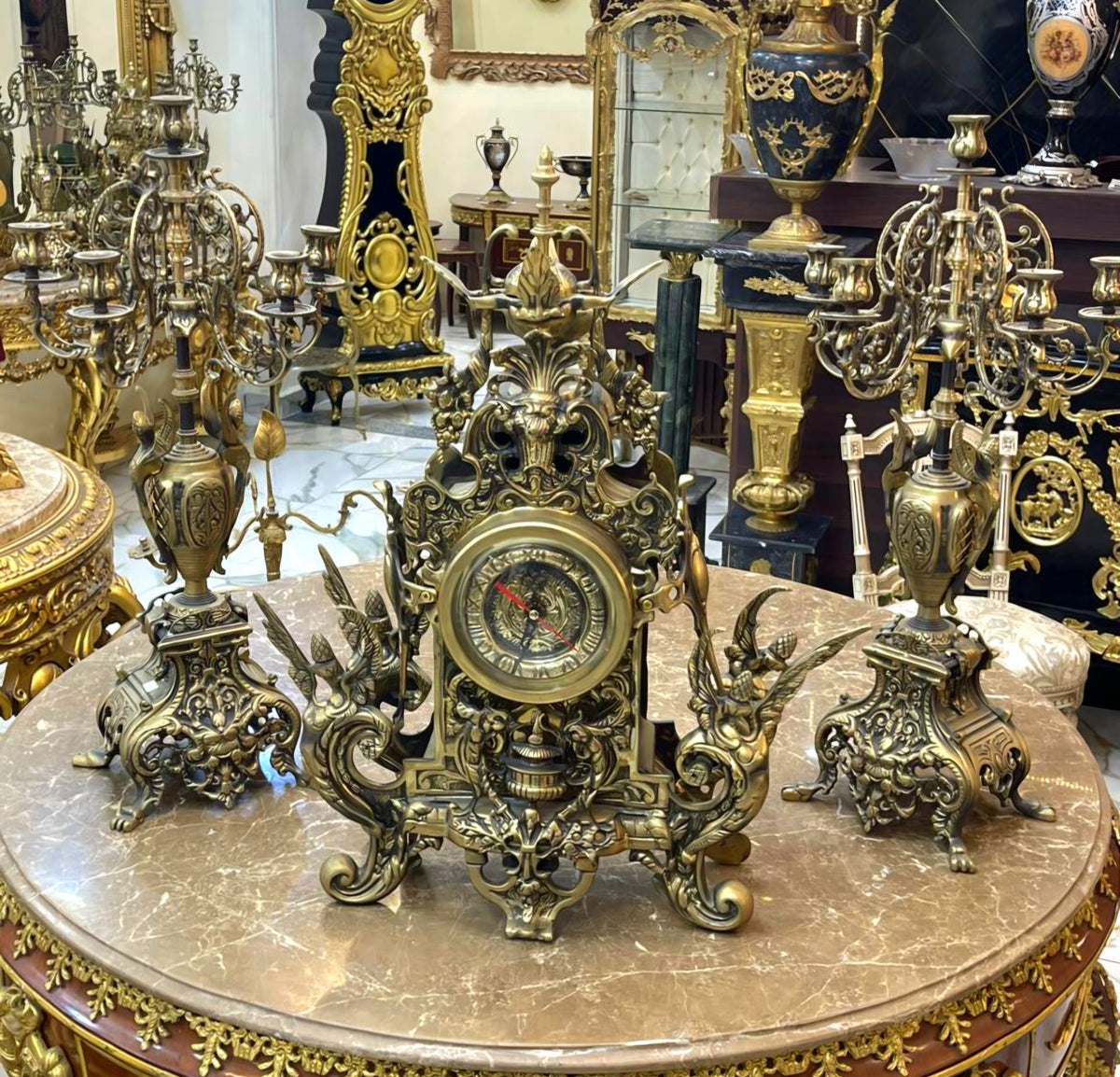 Ornate French-Style Dark Bronze Clock Set – Decorative Mantel Clock & Matching Candelabras