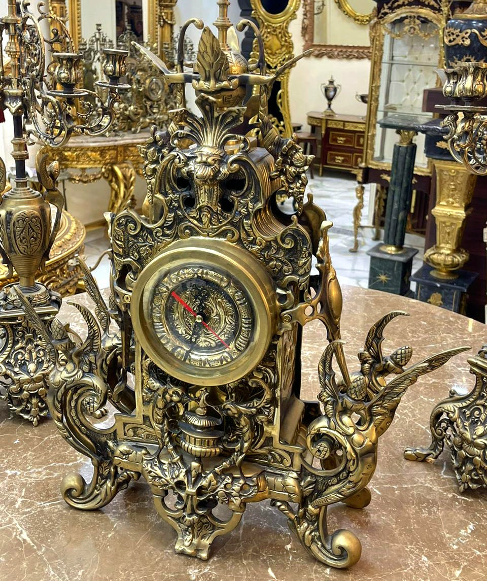 Ornate French-Style Dark Bronze Clock Set – Decorative Mantel Clock & Matching Candelabras