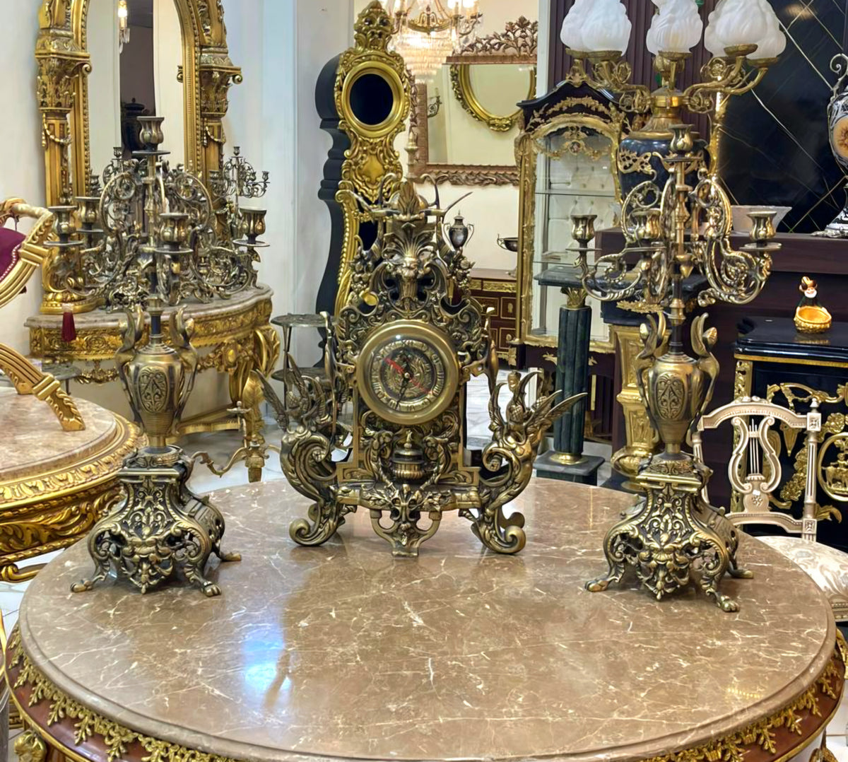 Ornate French-Style Dark Bronze Clock Set – Decorative Mantel Clock & Matching Candelabras