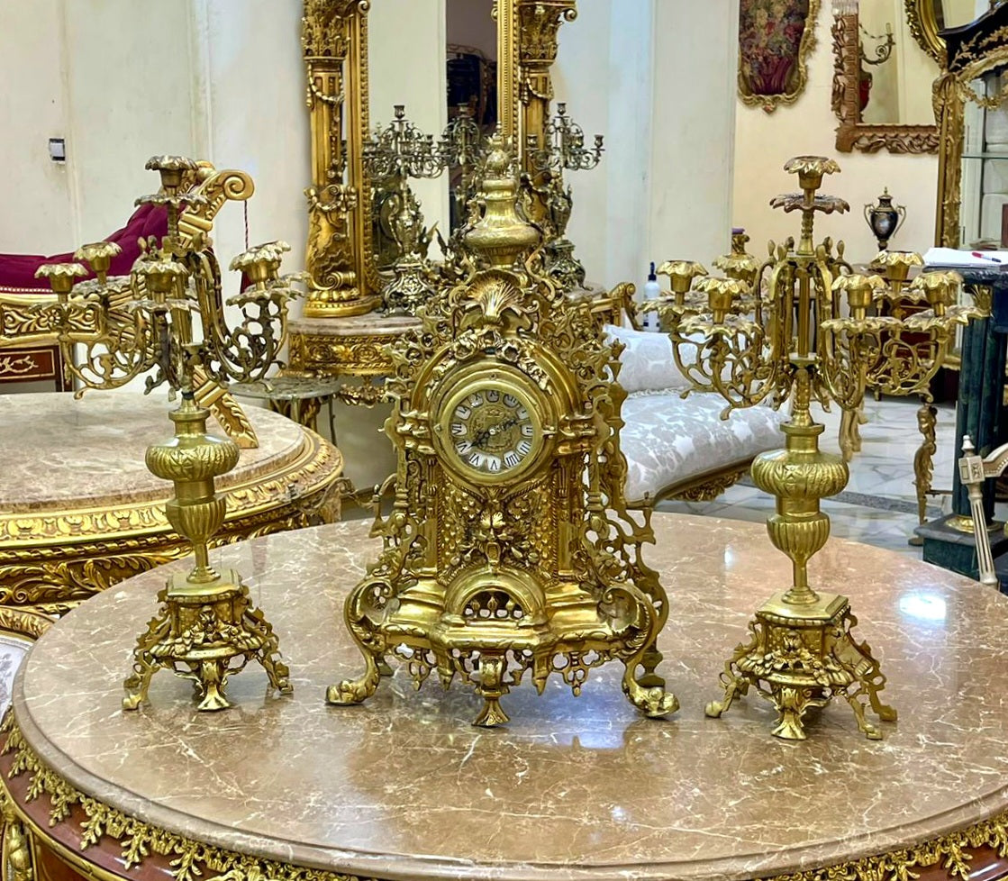 Elegant French Gilded Clock Set – Ornate Mantel Clock with Matching Candleholders