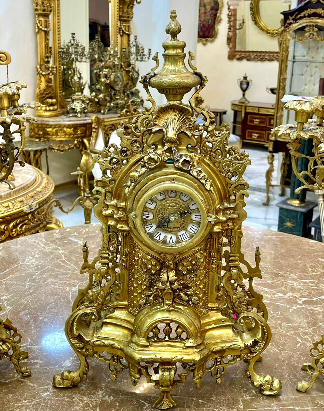 Elegant French Gilded Clock Set – Ornate Mantel Clock with Matching Candleholders