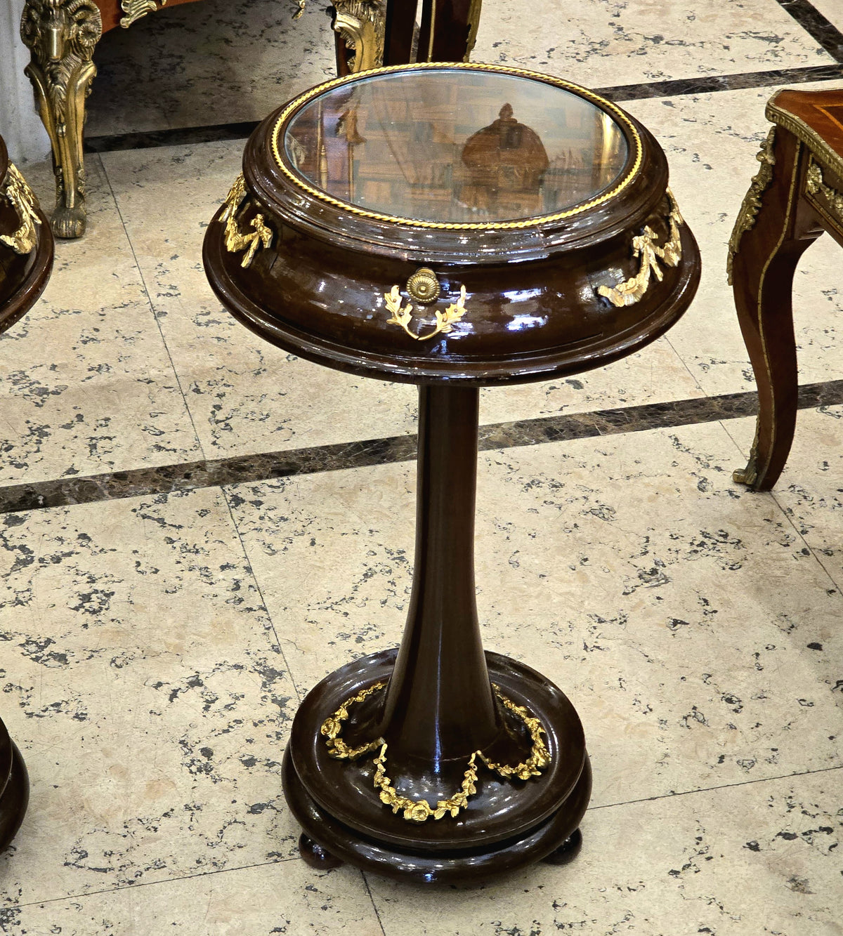 French Neoclassical Side Table – Dark Wood, Glass Top, Gold Leaf & Small Drawer