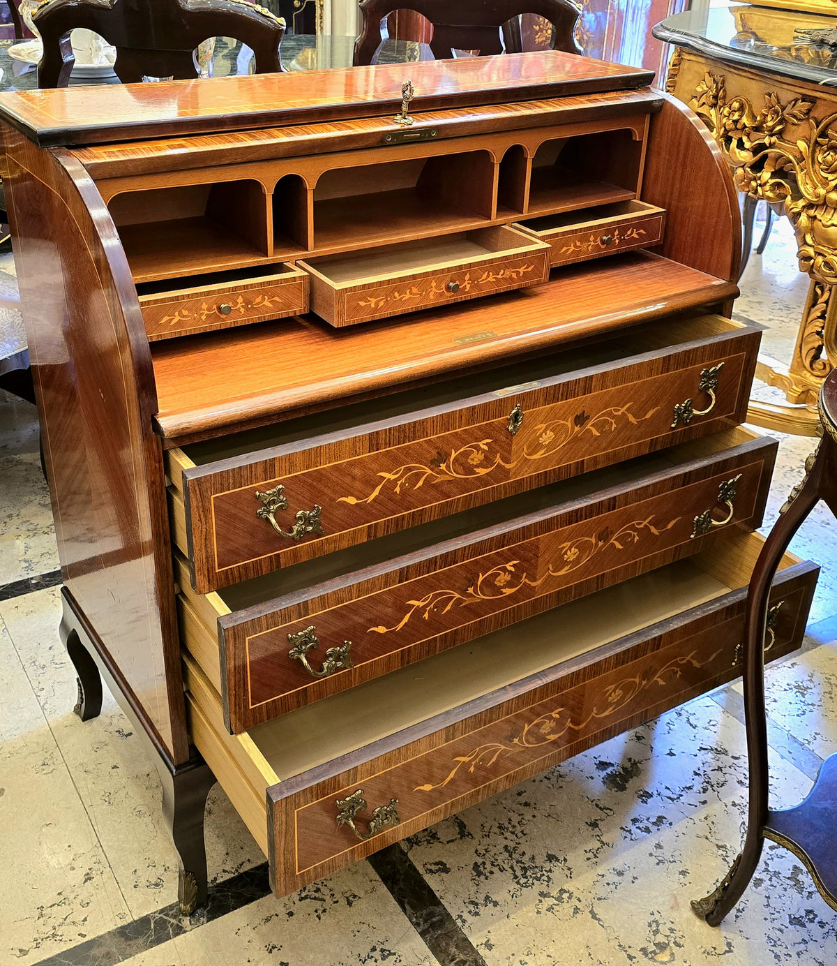 French-Style Roll-Top Secretary Desk – Marquetry Wood, Multiple Compartments & Decorative Inlay