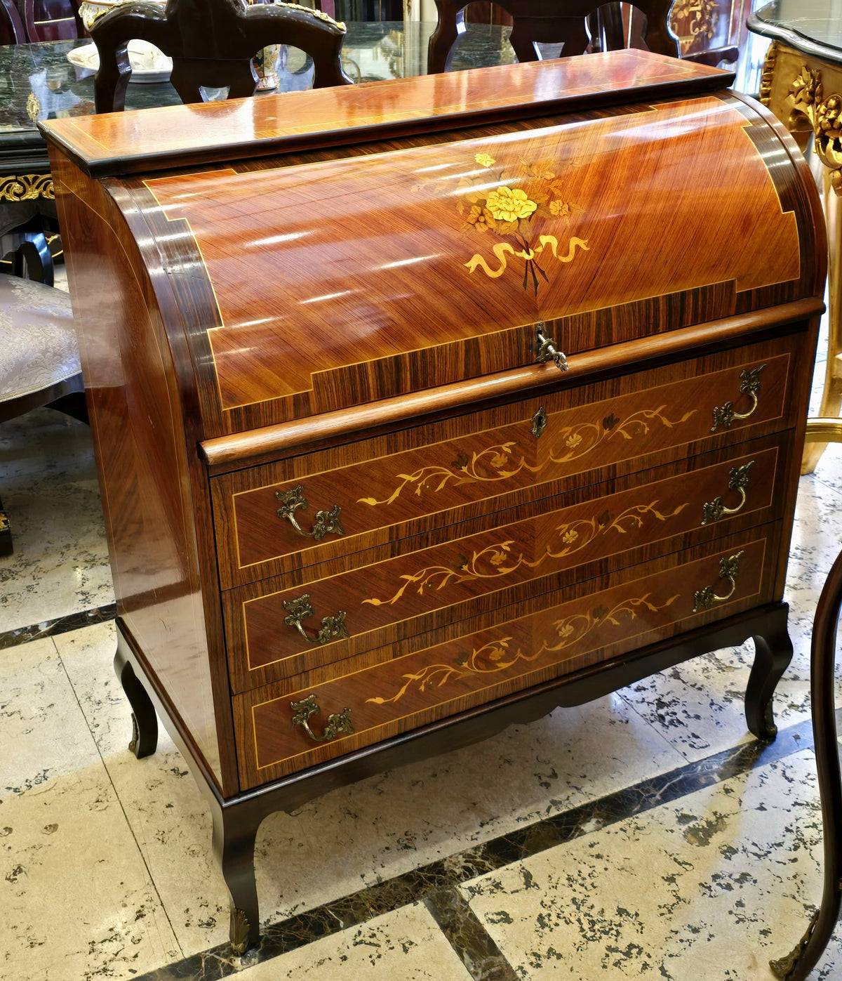 French-Style Roll-Top Secretary Desk – Marquetry Wood, Multiple Compartments & Decorative Inlay