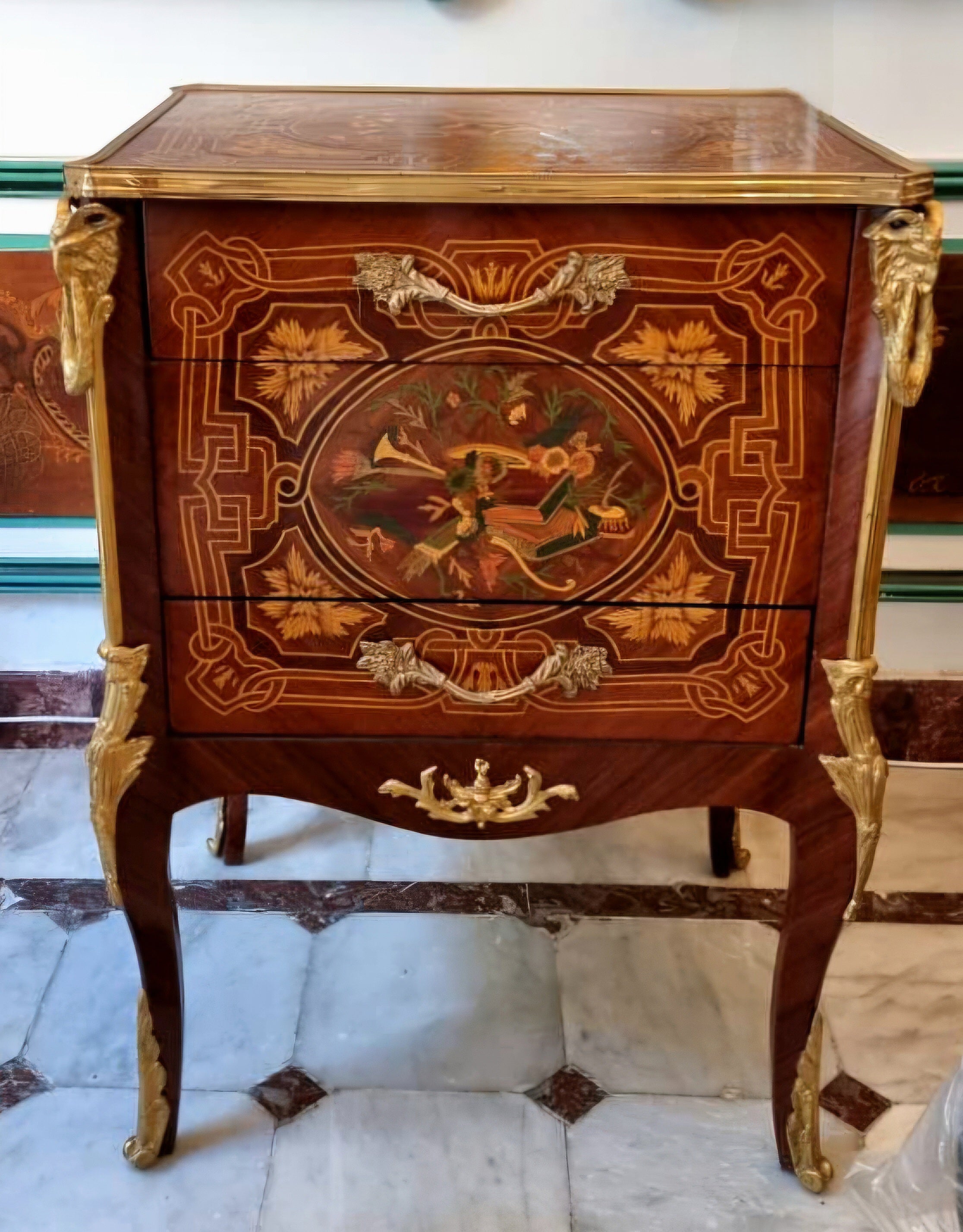 French Louis XV Style Two-Drawer Commode – Rich Wood Marquetry with Gilded Bronze Details