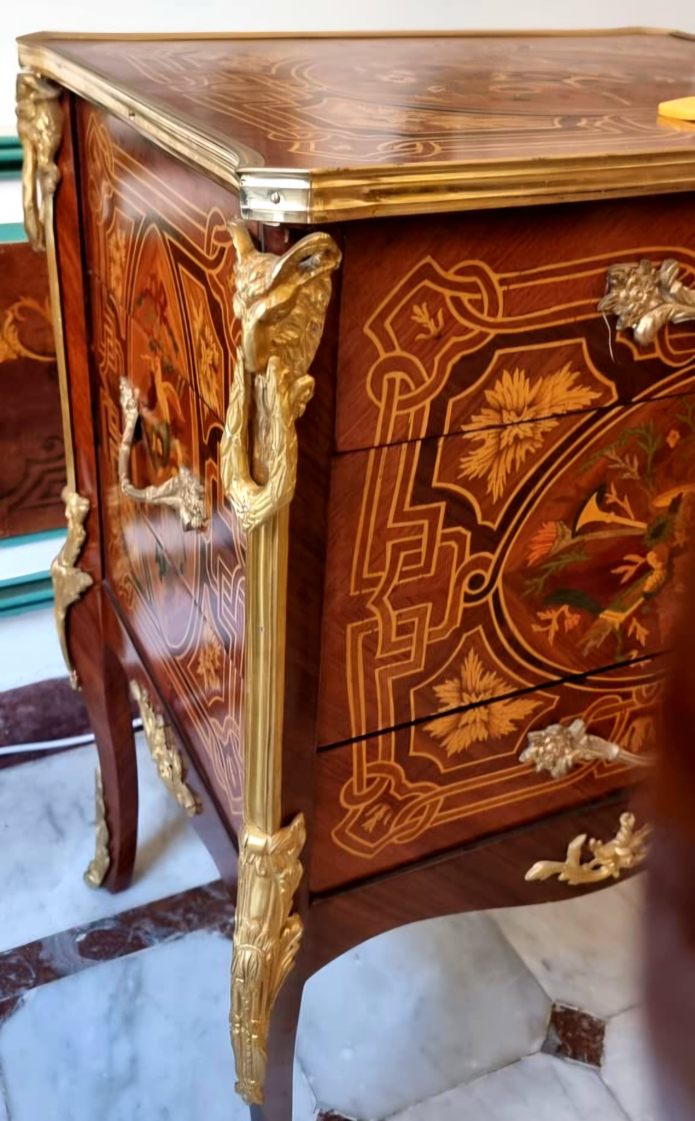 French Louis XV Style Two-Drawer Commode – Rich Wood Marquetry with Gilded Bronze Details