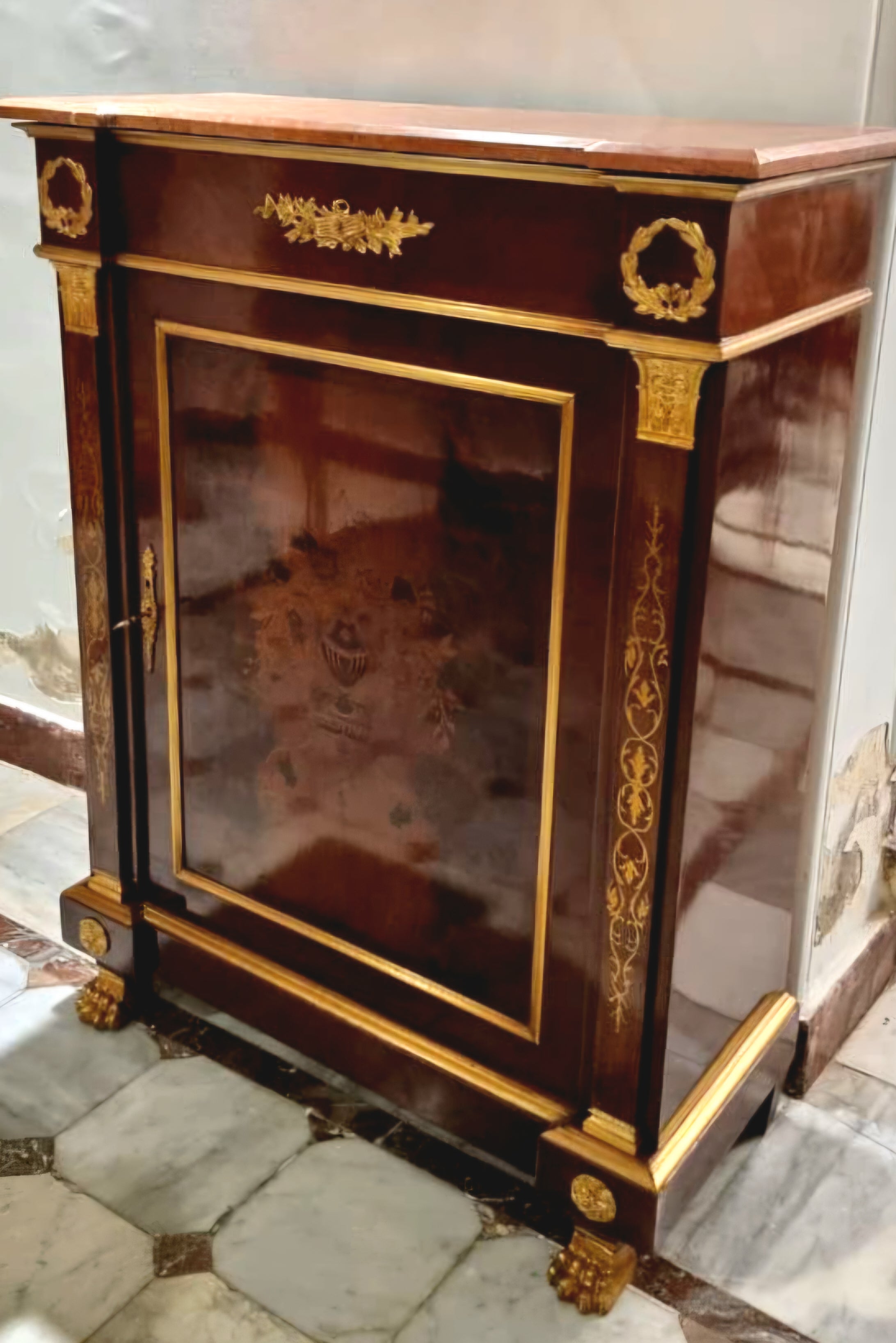 French Louis XVI Style Commode – Marble Top, Fine Marquetry Inlay & Ornate Gilded Bronze Details