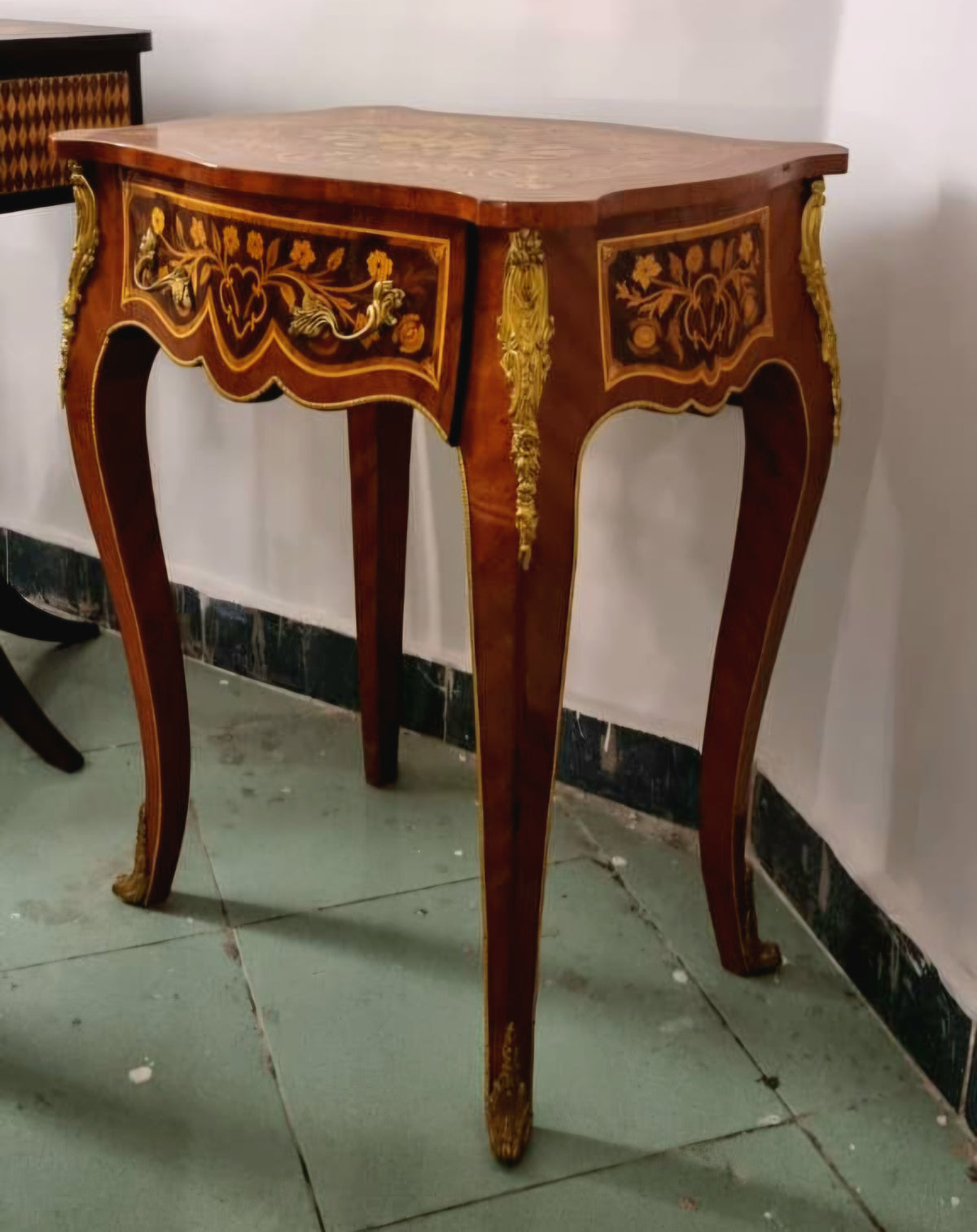 French Louis XV Style Console Side Table – Rich Wood Marquetry with Gilded Bronze Details & Single Drawer