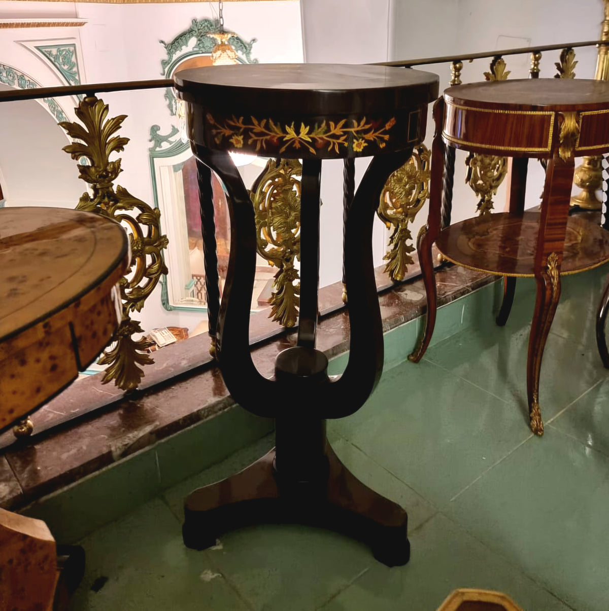 French Louis XVI Style Pedestal Side Table – Black Wood with Floral Inlay & Gilded Bronze Details