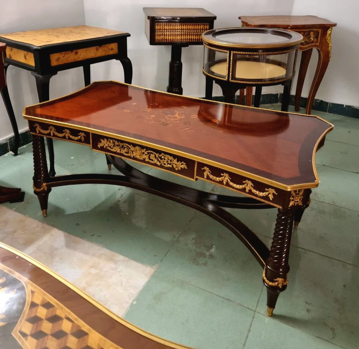 French Louis XV Style Writing Desk – Rich Burl Wood, Gold Leaf Accents & Ornate Gilded Bronze Details