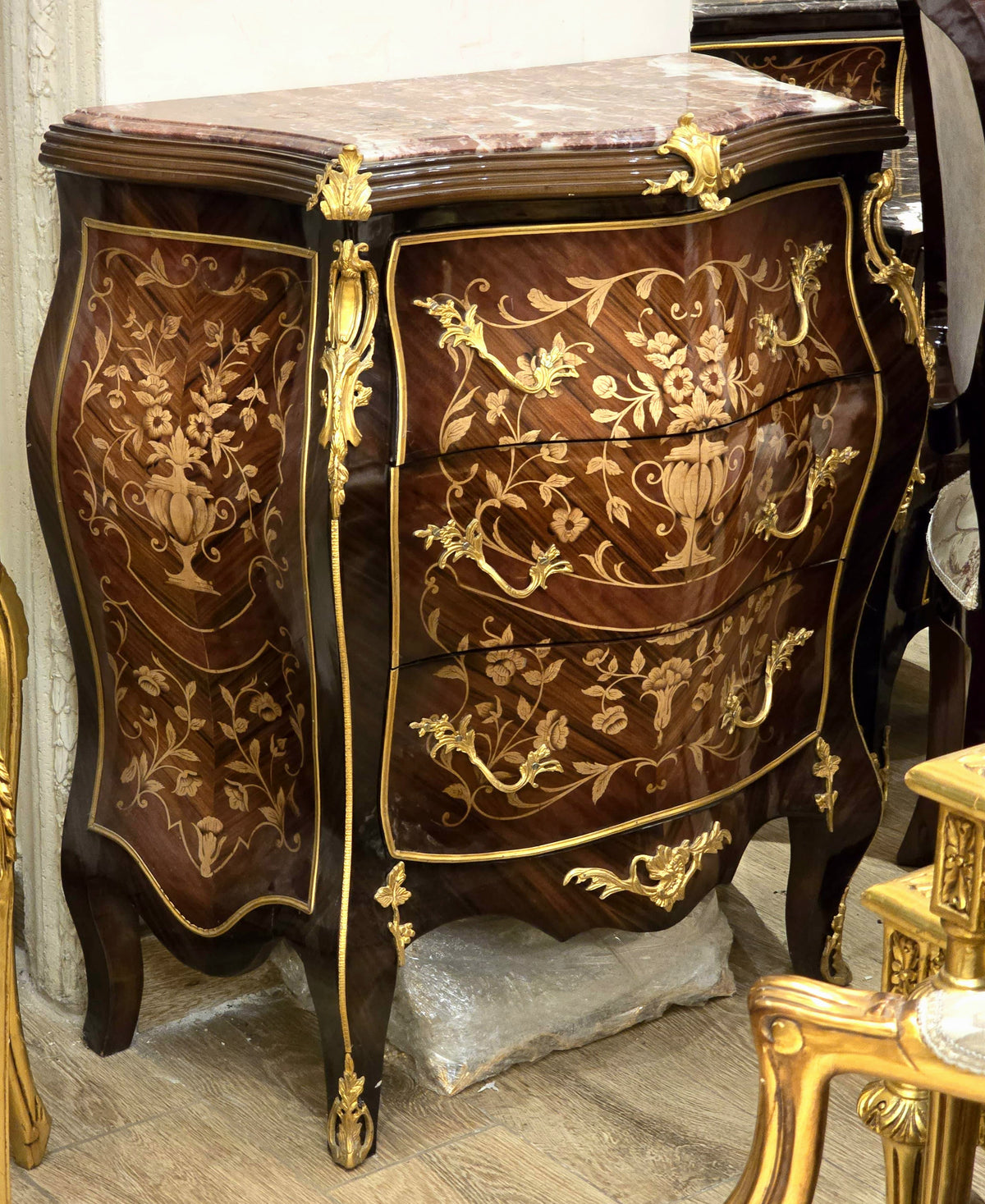 French Louis XV-Style Commode – Floral Marquetry, Marble Top & Ornate Gilded Bronze Details