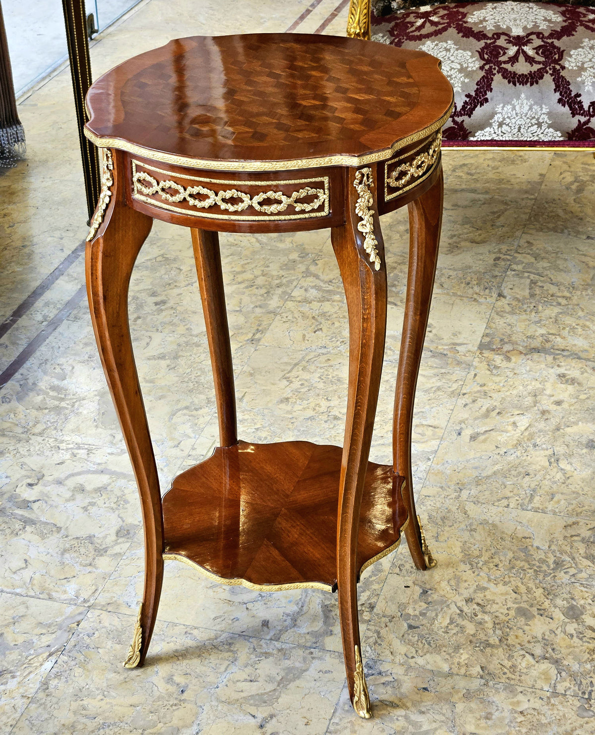 French-Inspired Side Table – Rich Wood Finish with Gilded Gold Leaf Details