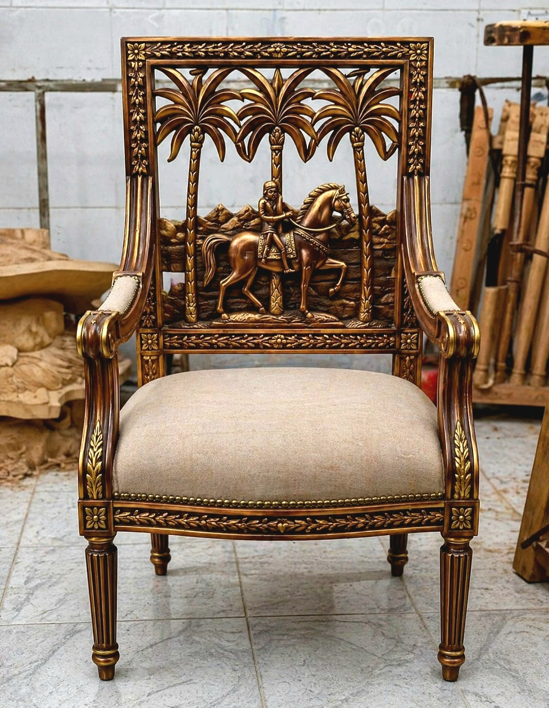 French Louis XVI-Inspired Armchair – Hand-Carved Gold Leaf Frame with Damask Upholstery