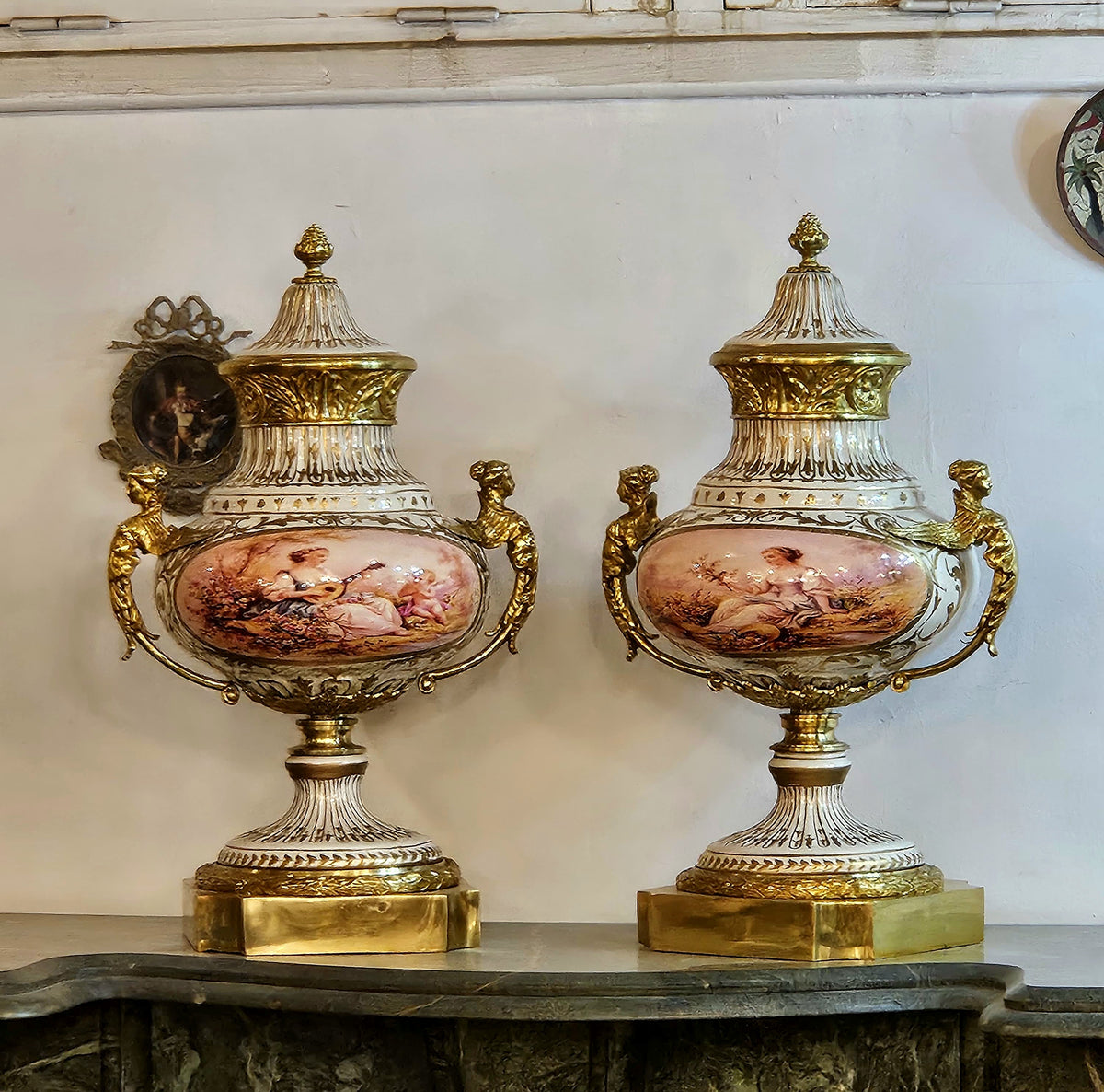 French-Style Porcelain Vase – Romantic Scenic Panel with Gold Leaf & Bronze Details