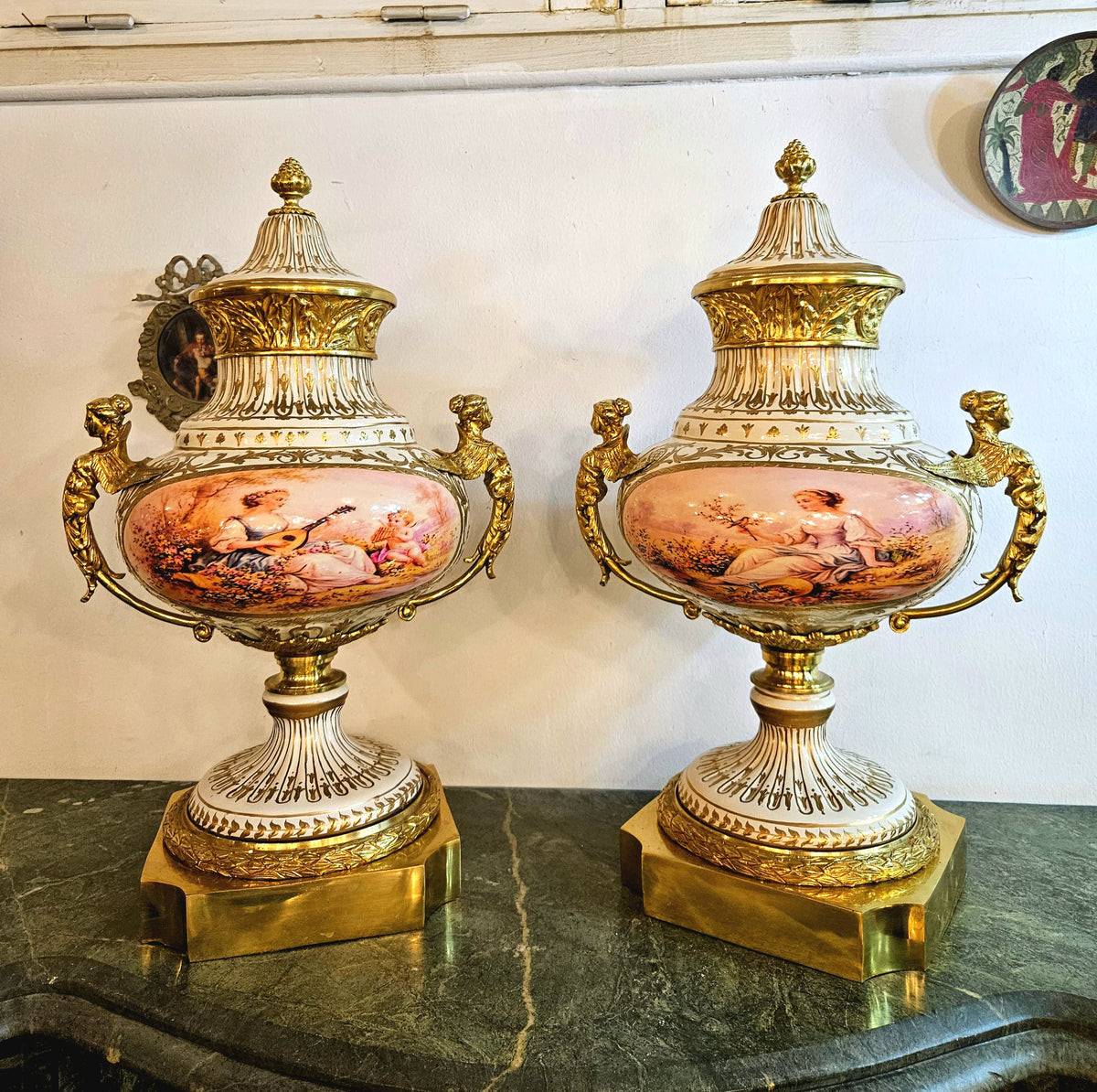 French-Style Porcelain Vase – Romantic Scenic Panel with Gold Leaf & Bronze Details