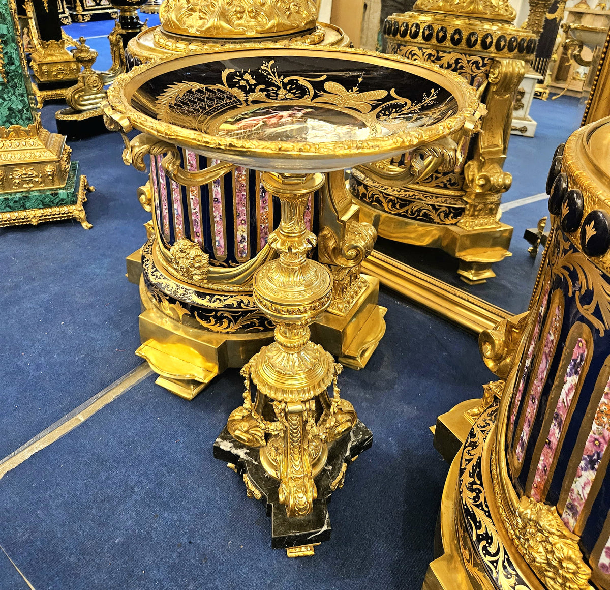 French-Inspired Ornate Side Table – Midnight Blue Decorative Top with Gold Leaf & Gilded Bronze Details