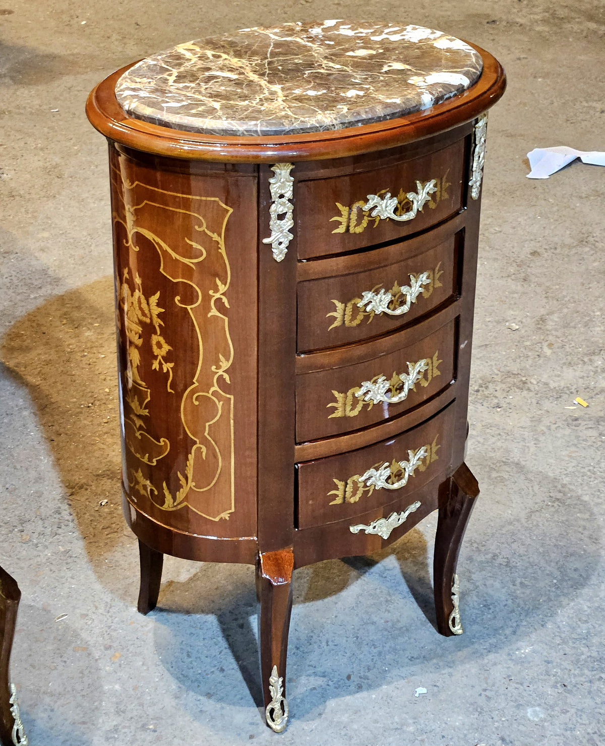 French-Style Petite Commode – Curved Wood Cabinet with Marble Top & Gilded Bronze Details