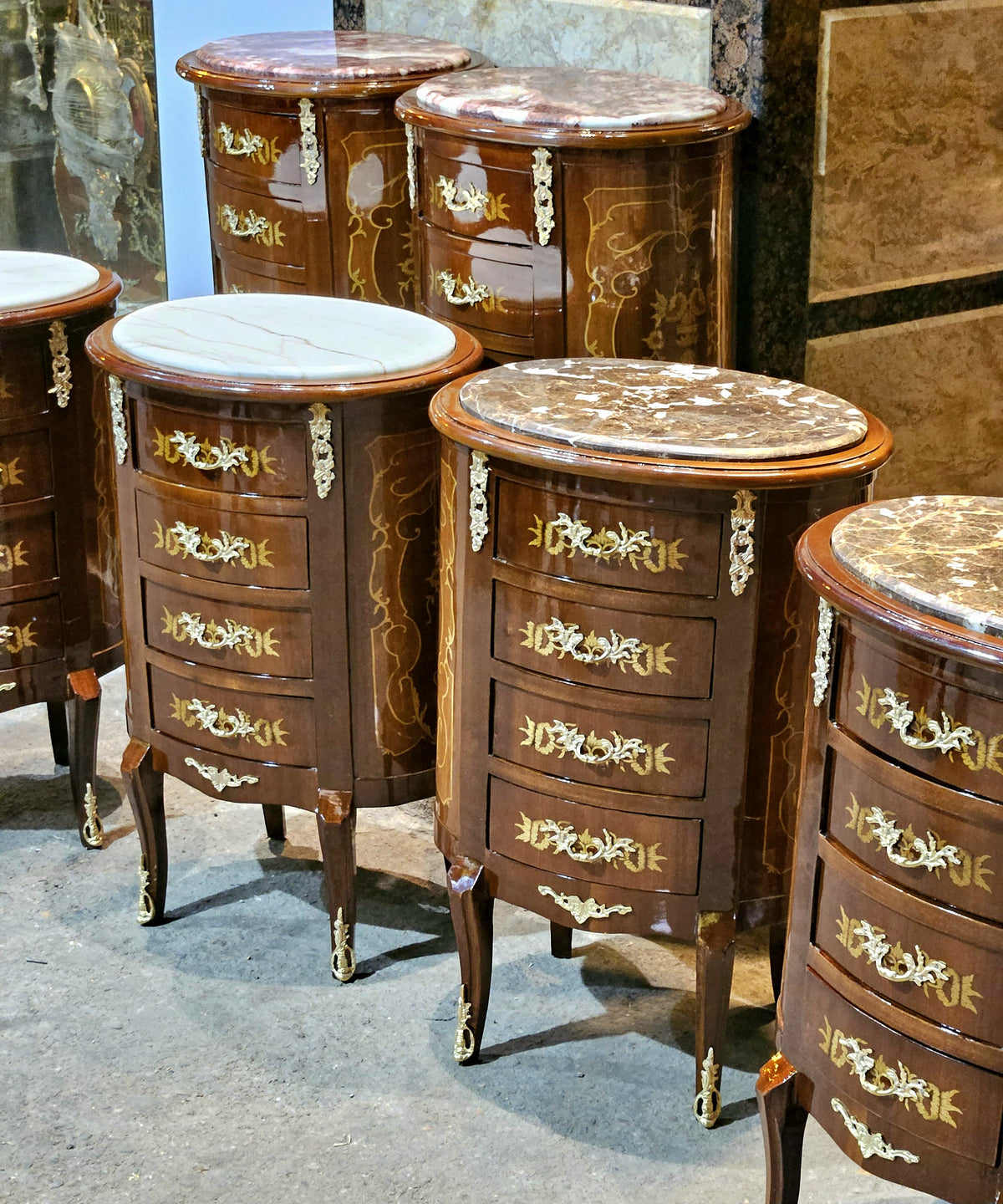 French-Style Petite Commode – Curved Wood Cabinet with Marble Top & Gilded Bronze Details