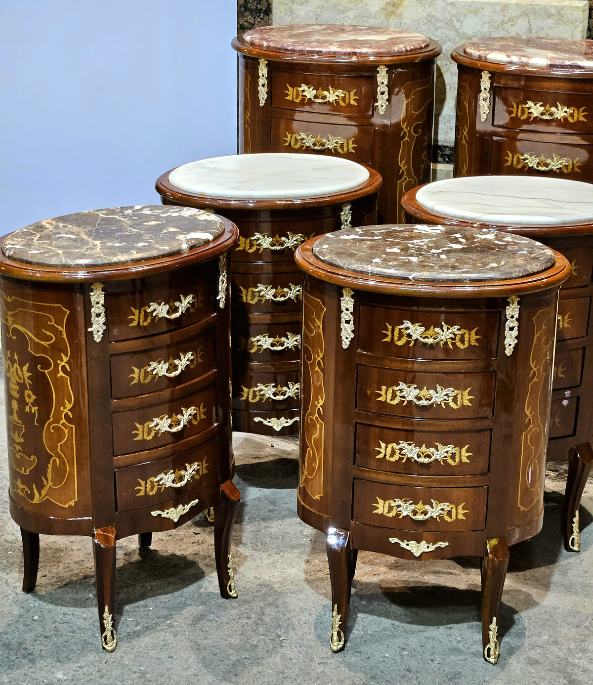 French-Style Petite Commode – Curved Wood Cabinet with Marble Top & Gilded Bronze Details