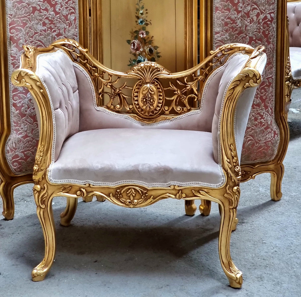 French Louis XV-Inspired Accent Chair – Gold Leaf Carved Frame with Luxurious Damask Upholstery