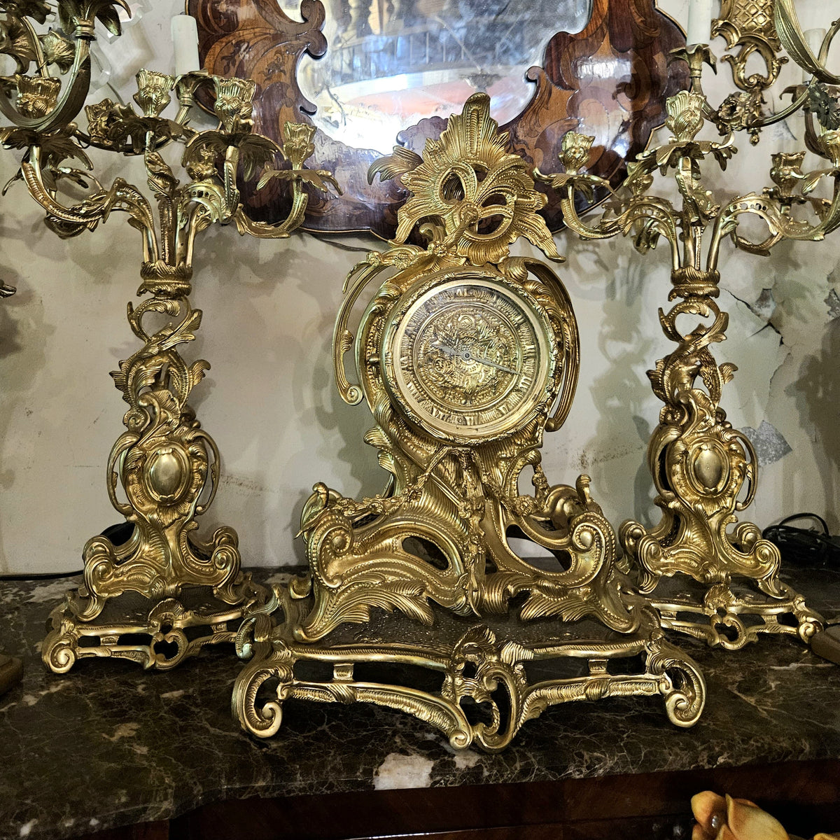 French-Style Gilded Clock & Candelabra Set – Ornate Gold Leaf Mantel Clock with Matching Candleholders